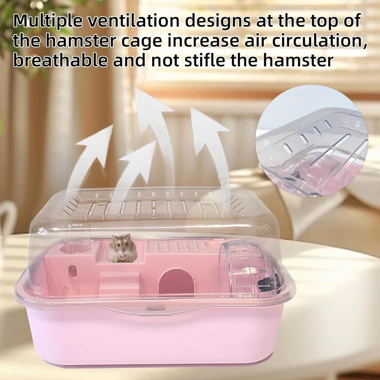 Hamiledyi Small Hamster Cage Clear Plastic Hamster Cage Portable Carrier with Water Bottle Exercise Wheel Bathtub Box Set Toy for Dwarf Baby Hamster (Pink)
