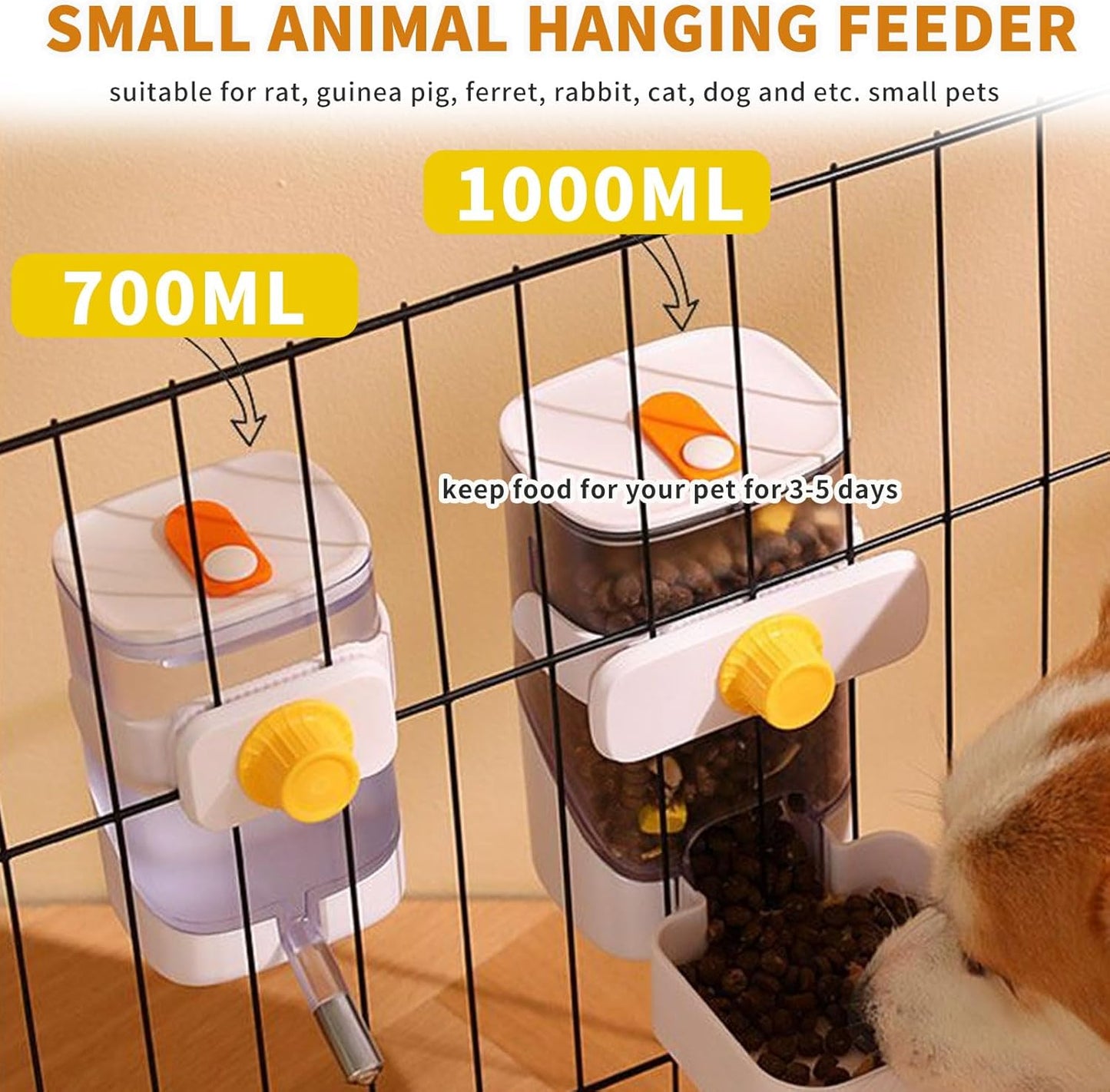34oz Automatic Rabbit Feeder for Cages, Hanging Auto Bunny Food Bowl Dispenser Small Aniaml Cage Accessories for Ferret Guinea Pig Rat Rabbit Cat Puppy (White)
