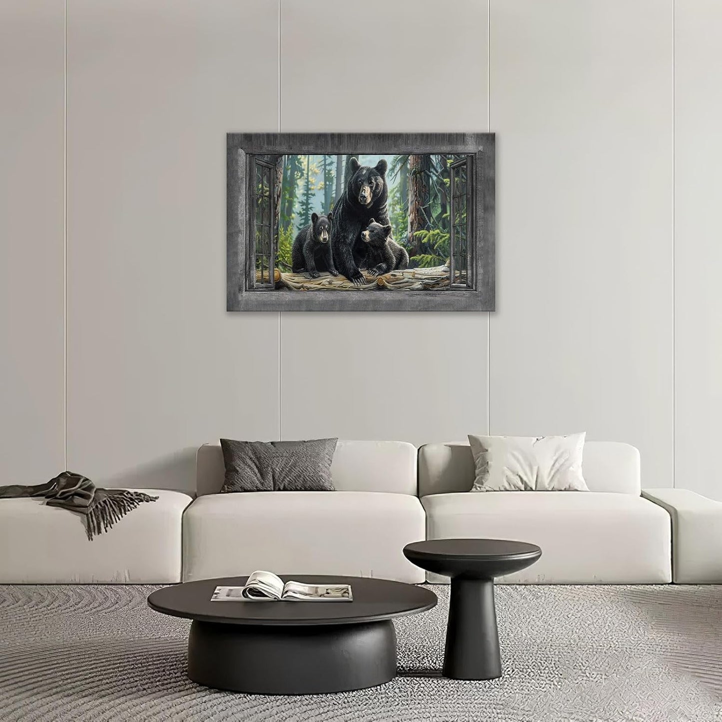 Black Bear Wall Art Forest Window Canvas Cabin Living Room Pictures Prints Animal Wall Decor Painting Artwork for Bedroom Dining Office Home 24"x16"