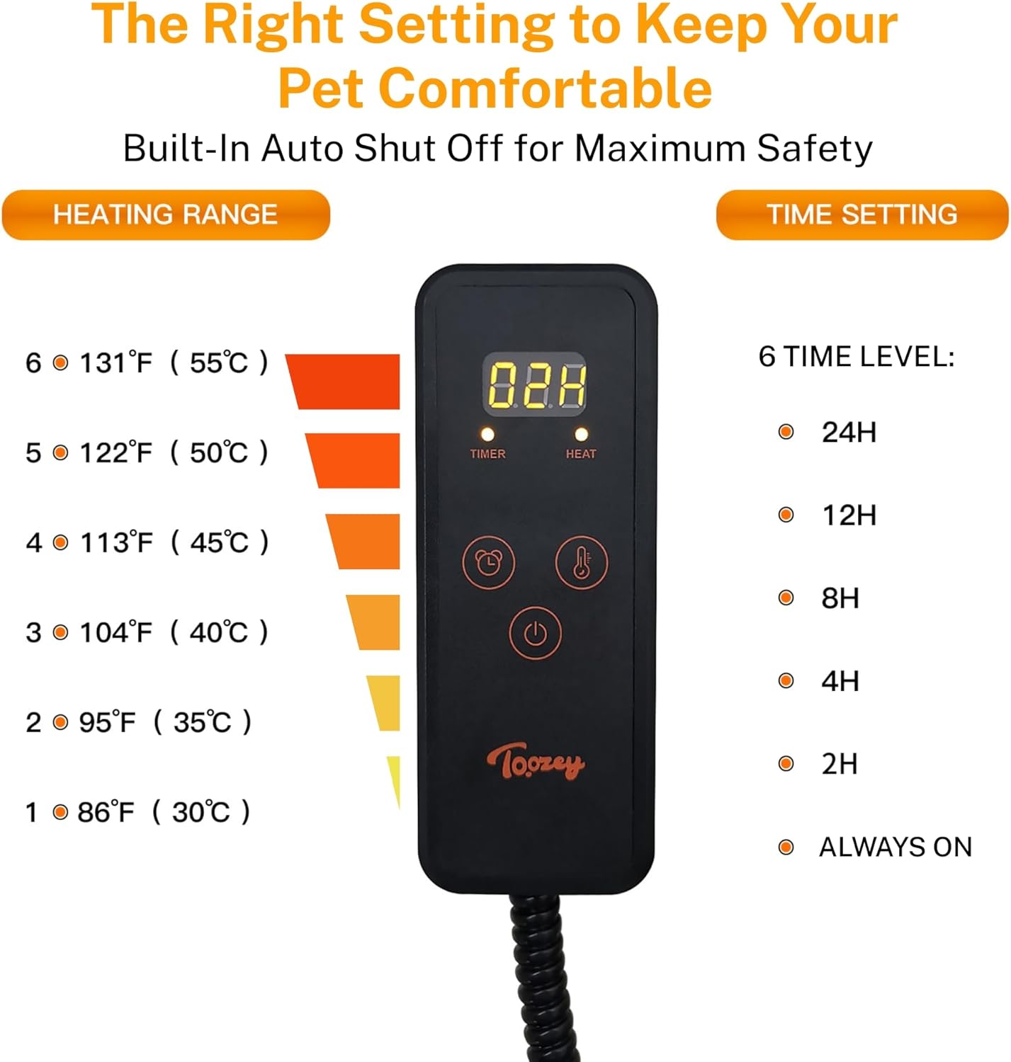 Toozey Pet Heating Pad, 6 Adjustable Temperature Dog Cat Heating Pad with Timer, Waterproof Heated Dog Bed with Chew Resistant Cord, Indoor Electric Pet Heated Mat 28x20in