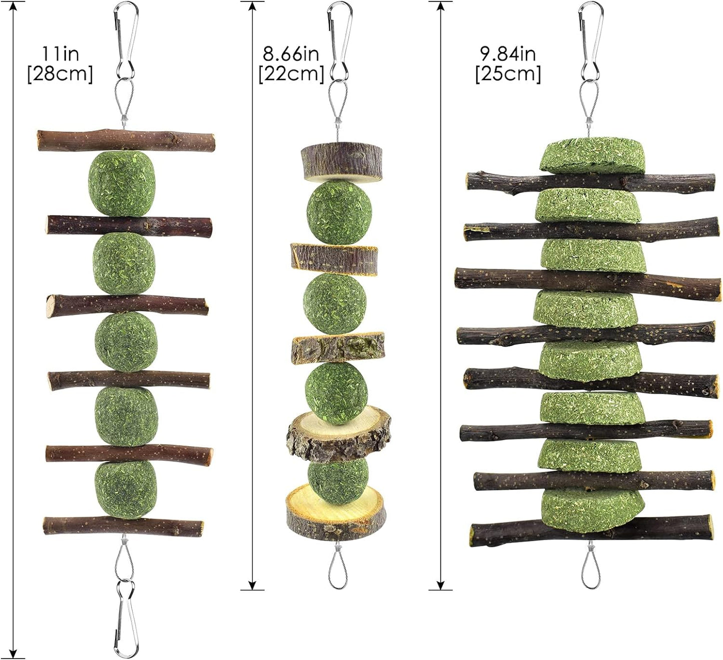 ERKOON Bunny Chew Toys, Rabbit Chew Toys for Teeth Grinding, Improve Dental Health, 100% Natural Apple Wood Timothy Grass Cake Treats for Rabbits Guinea Pigs Chinchillas Bunnies Hamsters (3 Pcs)