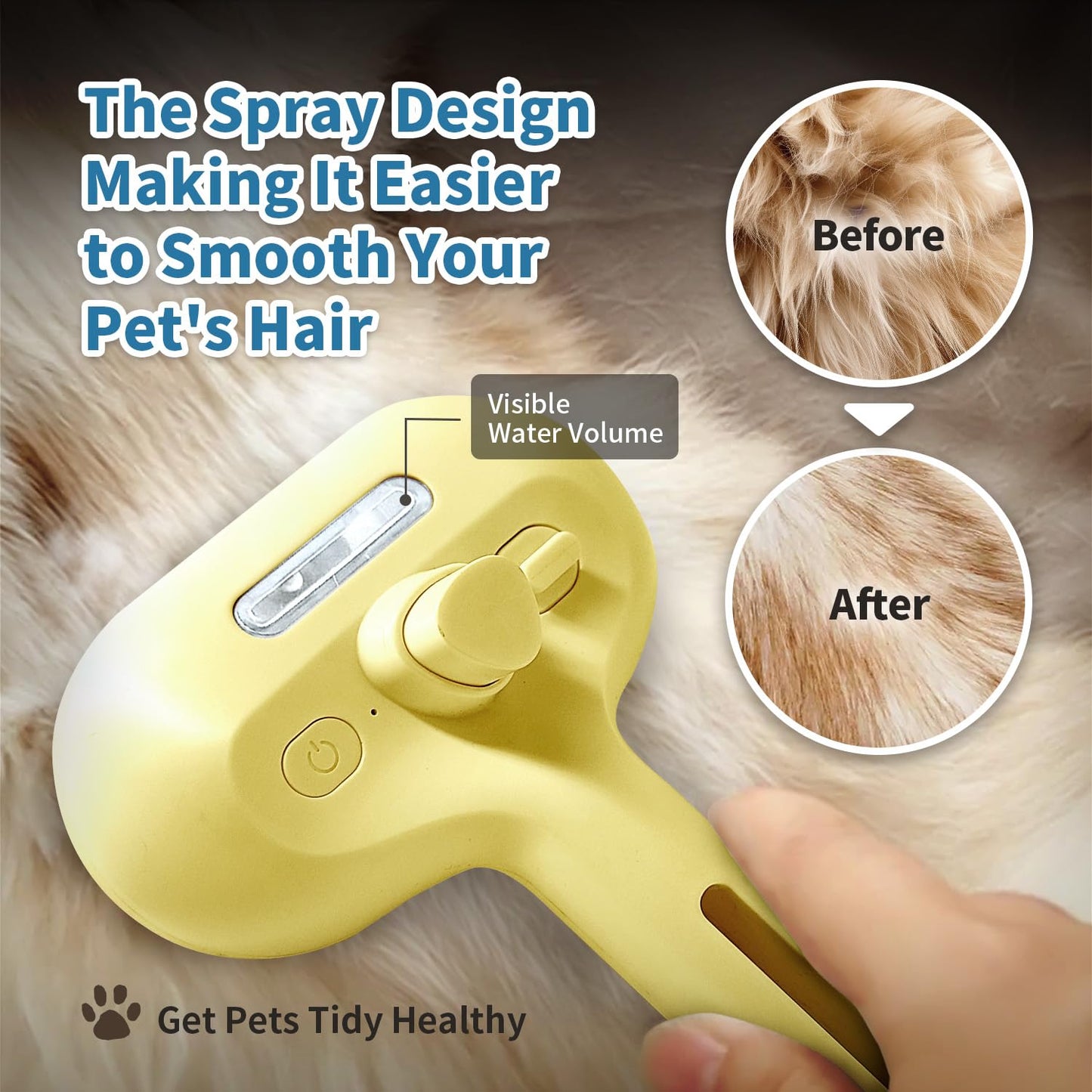 3 In 1 Self-Cleaning Steamy Brush for Pet Grooming - Anti-Static Flying Hair Spray, Removes Loose Hair and Reduces Shedding for Long and Short Fur, Yellow