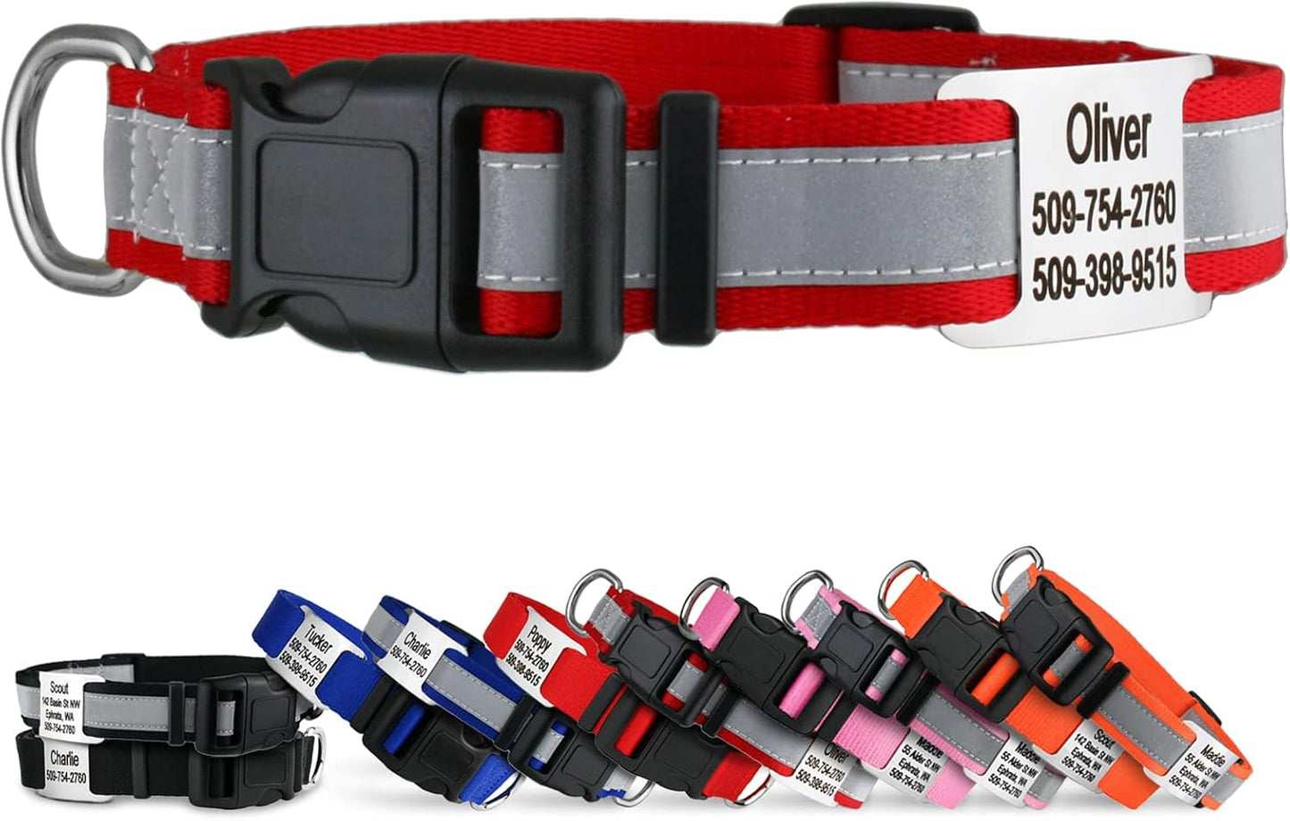 GoTags Reflective Personalized Dog Collar with Nameplate, Adjustable Dog Collar with Custom Engraved Steel Slide On Pet ID Tag, Silent, No Noise Dog Tag for Large Medium or Small (Red, Medium)