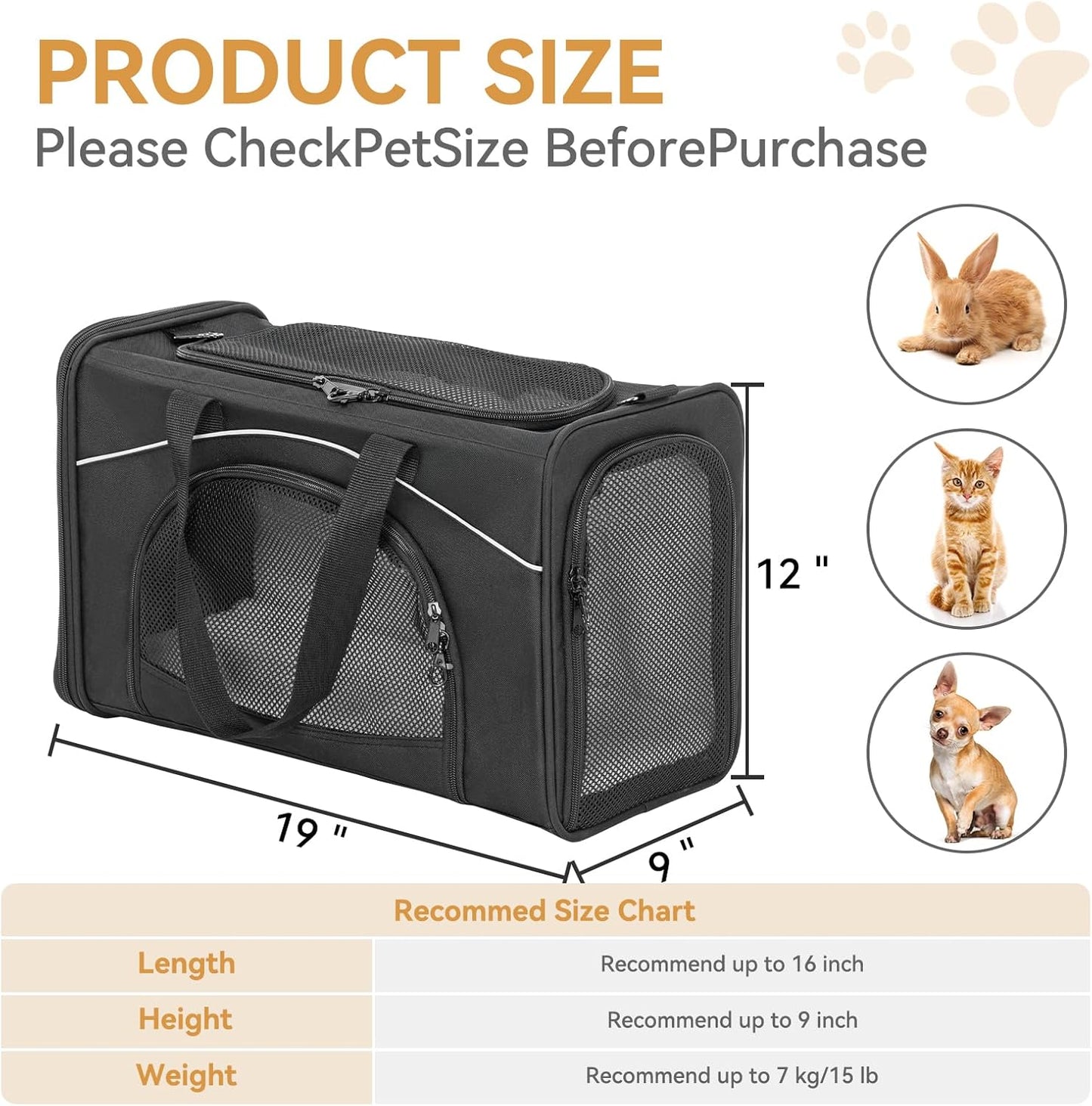‌Petsfit Airline Approved Pet Carrier for Small Dogs & Cats, 19x9x12 TSA Approved Carrier, with Removable Dual-Sided Padding (2-Way Placement) - Fits Under Most Airplane Seats, Escape Proof (Black)