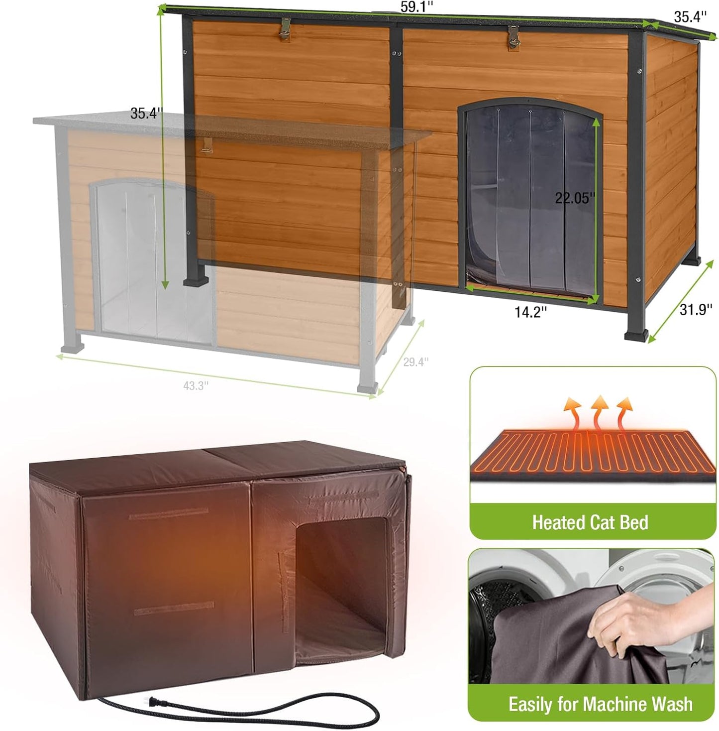 GUTINNEEN Heated Dog House Outdoor 59.1" Extra Large Dog Kennel with Metal Frame Insulated Dog Crate Cage for Large Dogs Outside with Heater and Insulated Liner, Brown