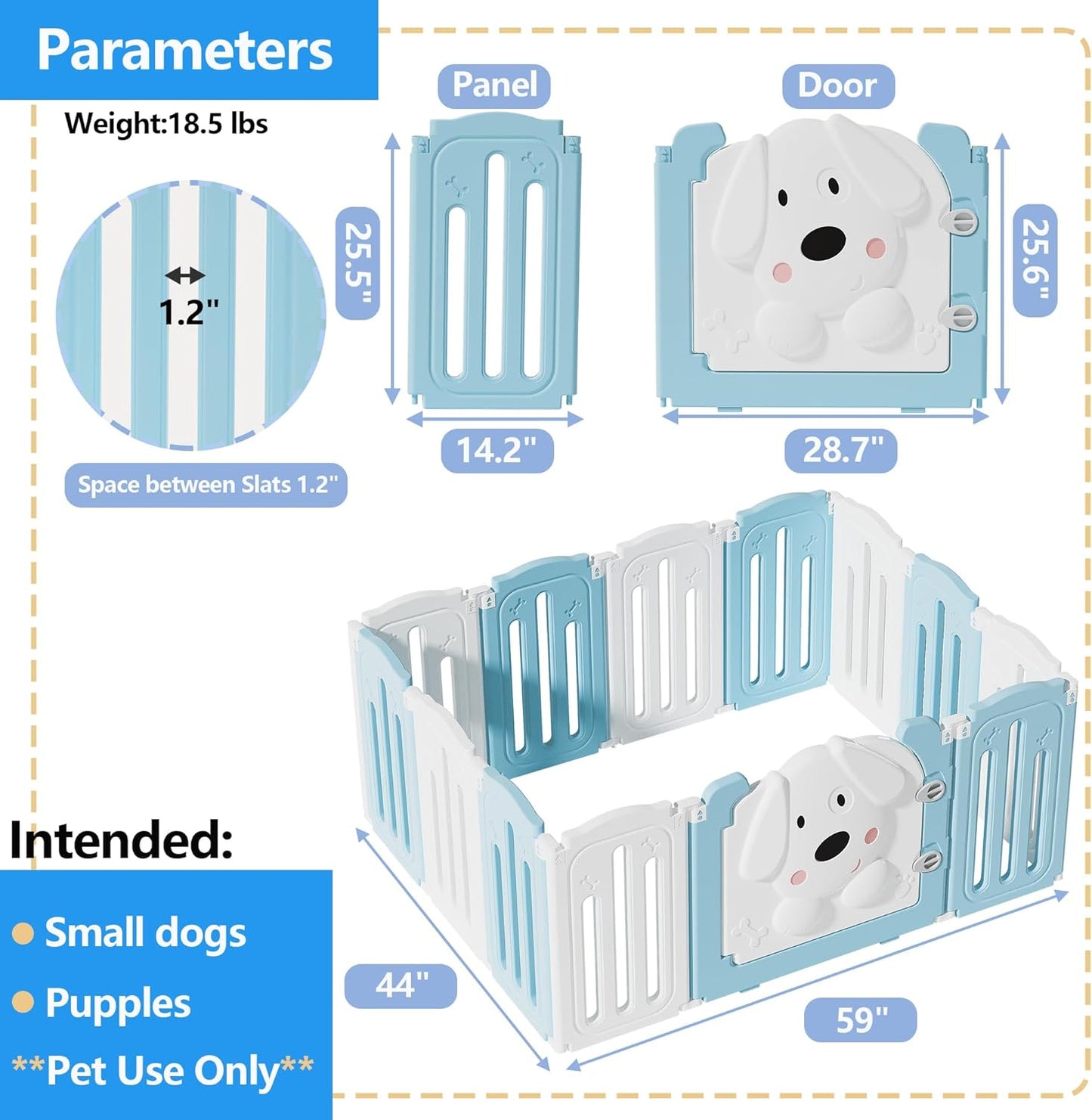 Foldable Dog Play Pen Indoors, Non-Slip Sturdy Puppy Playpen with Door, 25.5" H 12-Panel Adjustable Shape Dog Fence Pen for Small/Medium Dogs, Thickened, Easy to Store, White+Blue