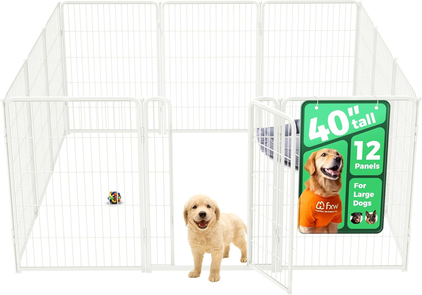 FXW Homeplus Unleashed Indoor Dog Playpen - Stress-Free and Safe Play, Heavy Duty 40 Inch 12 Wire Panels Dog Pen for Medium and Large Dogs, White│Patented