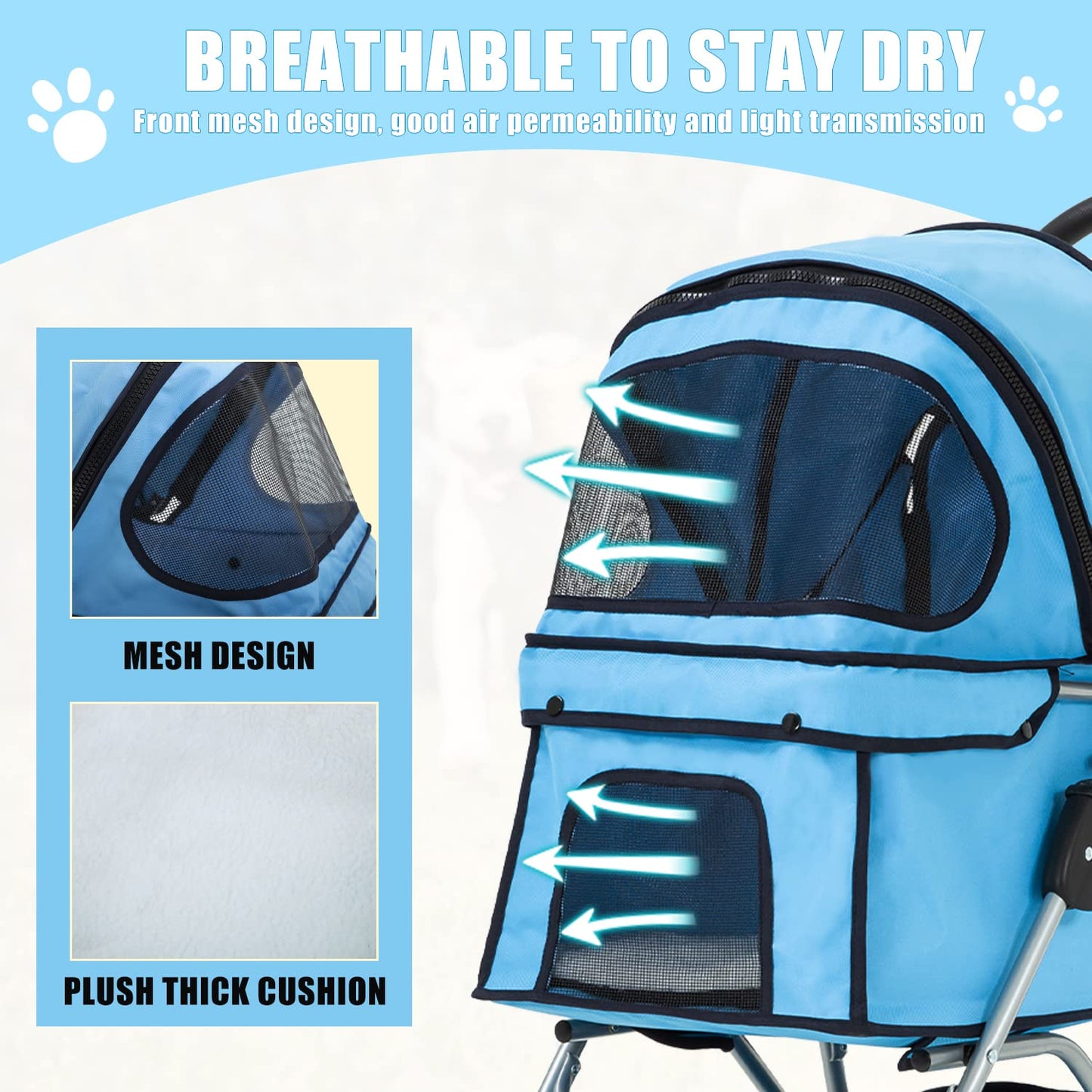 Dog Stroller, Folding 4 Wheels Pet Stroller for Small Medium Dog Cat Travel Carrier with Weather Cover Storage Basket Cup Holders Blue