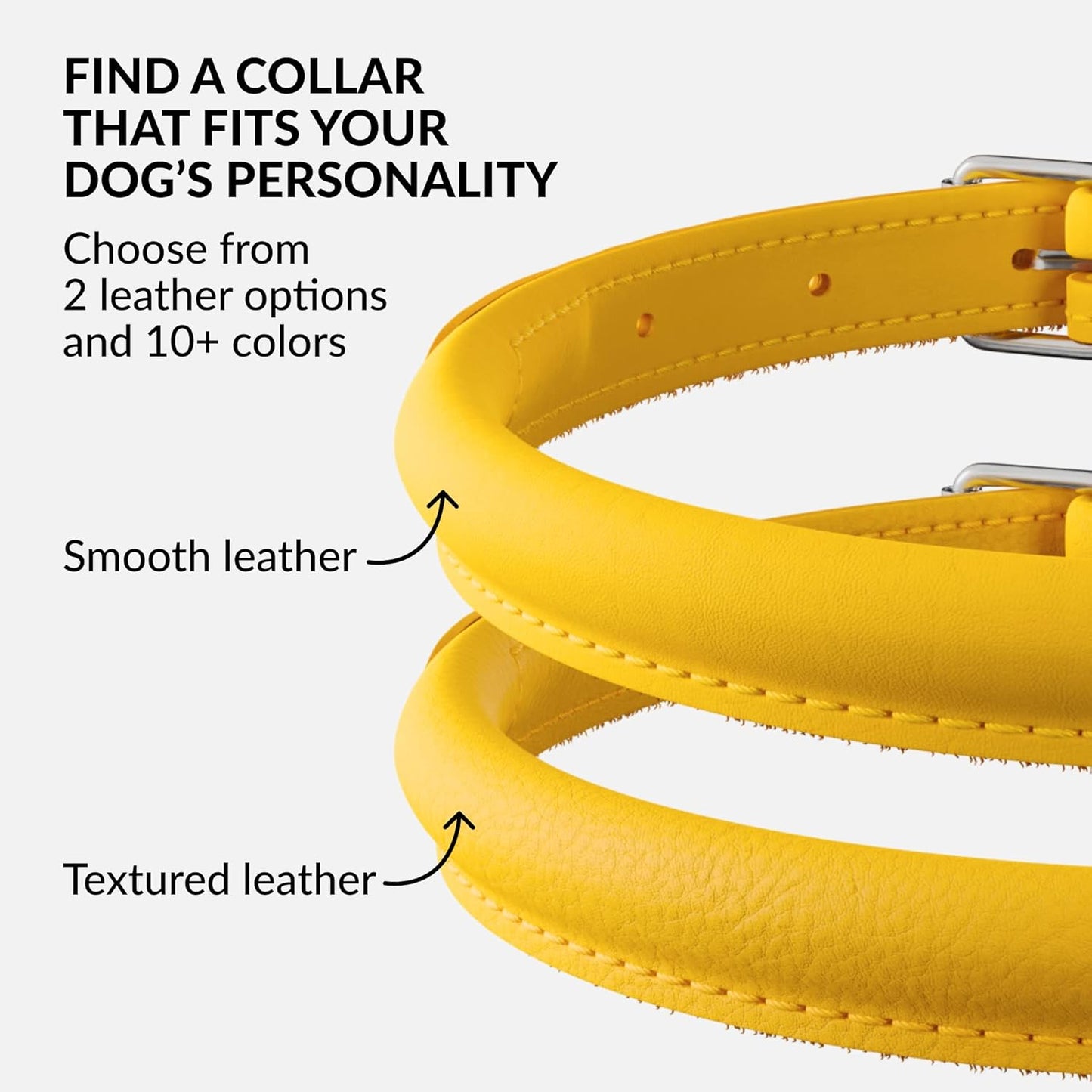 CollarDirect Rolled Leather Dog Collar, Soft Padded Round Puppy Collar, Handmade Genuine Leather Collar Dog Small Large Cat Collars 13 Colors (8-11 Inch, Yellow Smooth)