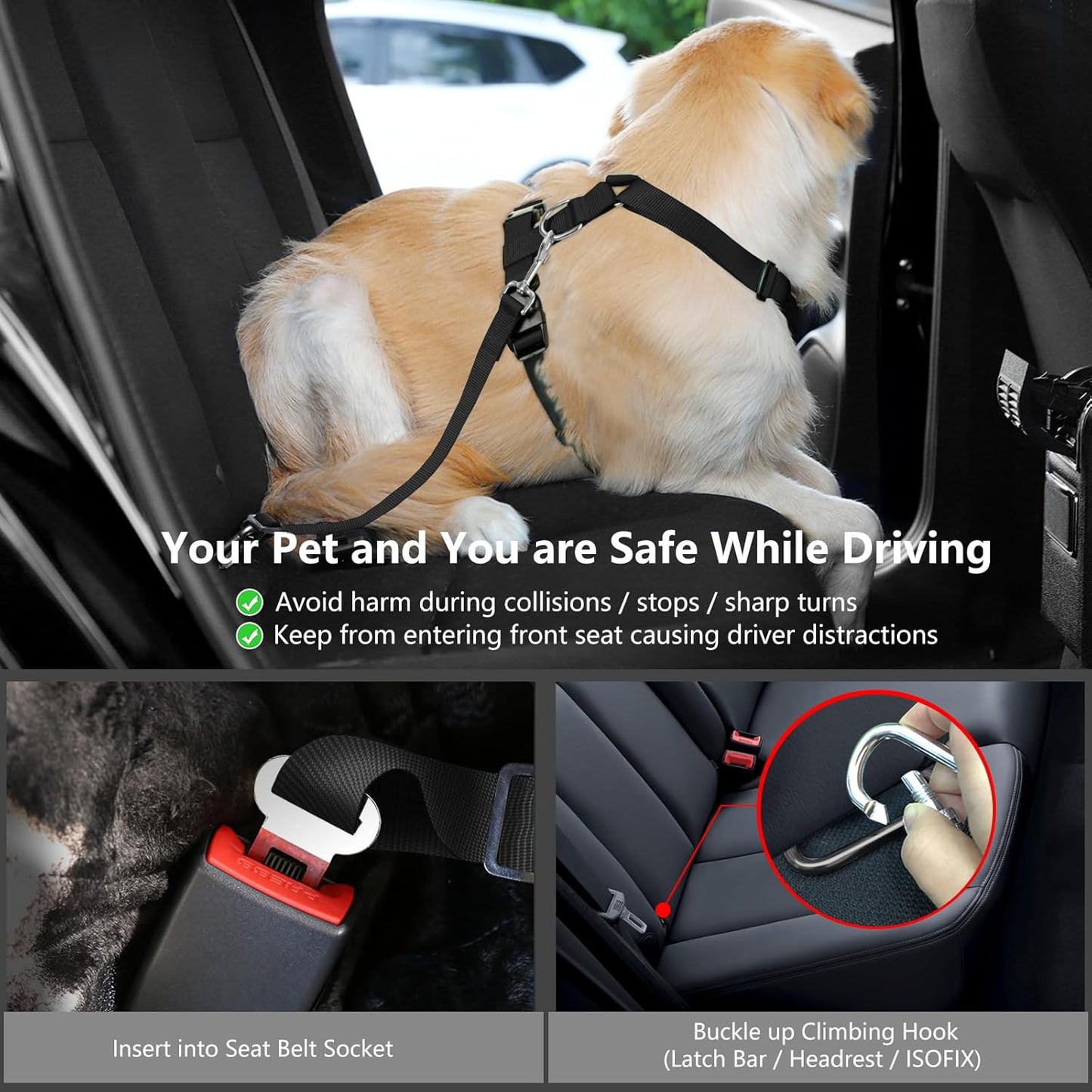 Dog Seat Belt, Safety Vest Dog Car Harness with Adjustable Buckle Dog Seat Belt for Vehicle Nylon Pet Safety Seat Belts Heavy Duty(S, Black Daisy)