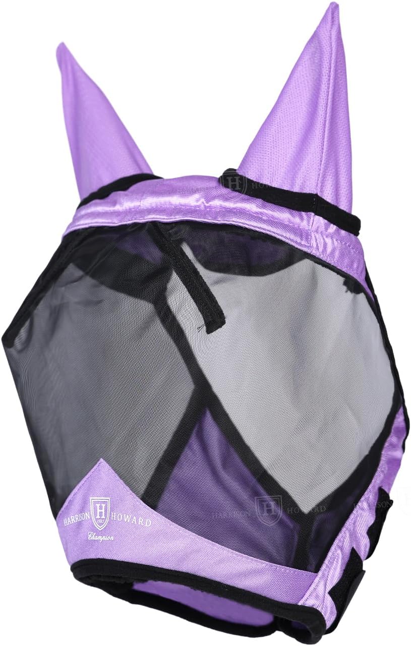 Harrison Howard Pro Luminous Horse Half Face Fly Mask Large Eye Space with Ears UV Protection for Horse Gentle Lavendar M