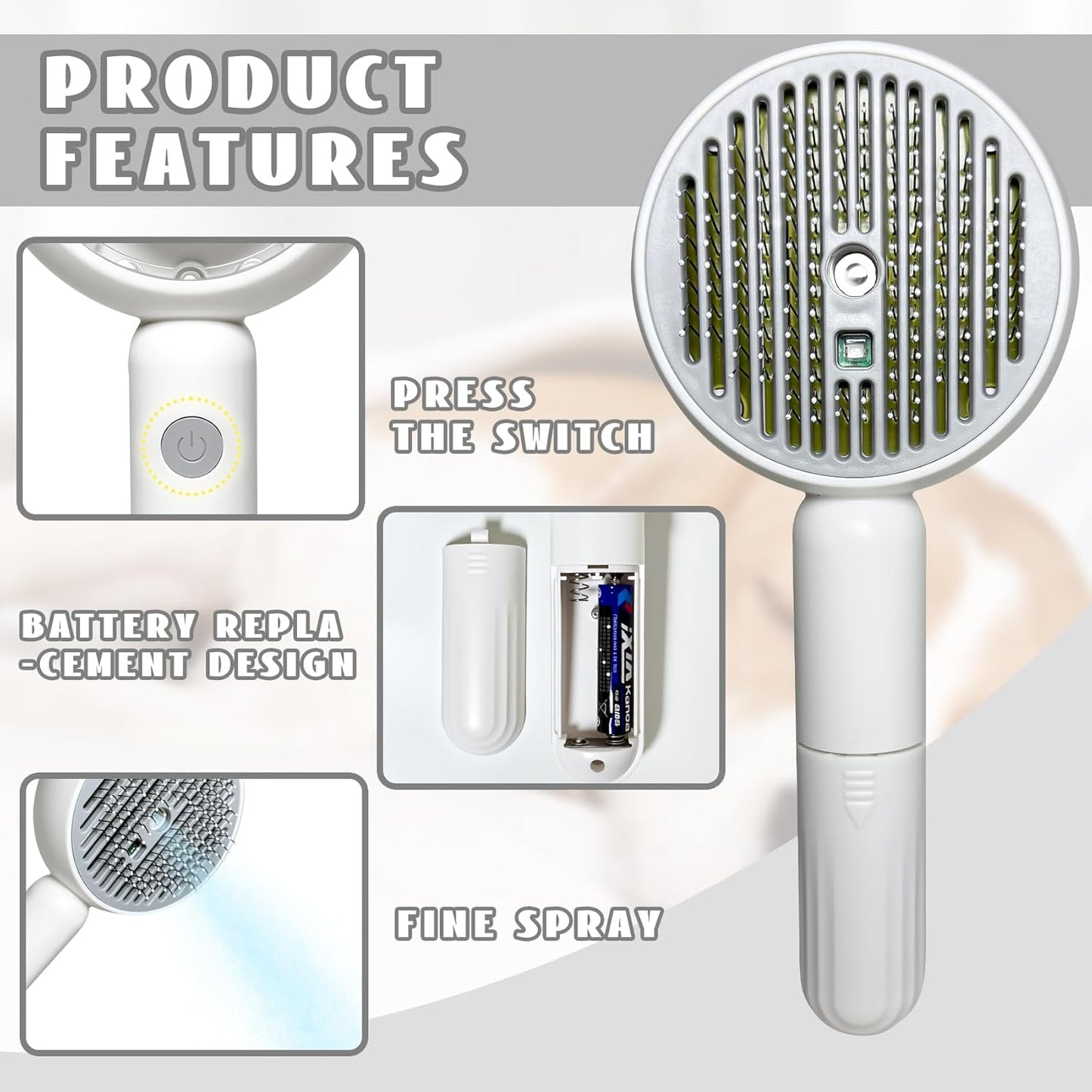 3-in-1 Steam Brush for Cats & Dogs – Hair Removal Comb with One-Click Release & Water Spray – Grooming Brush for Shedding, Long/Short Hair (white brushs-grey)