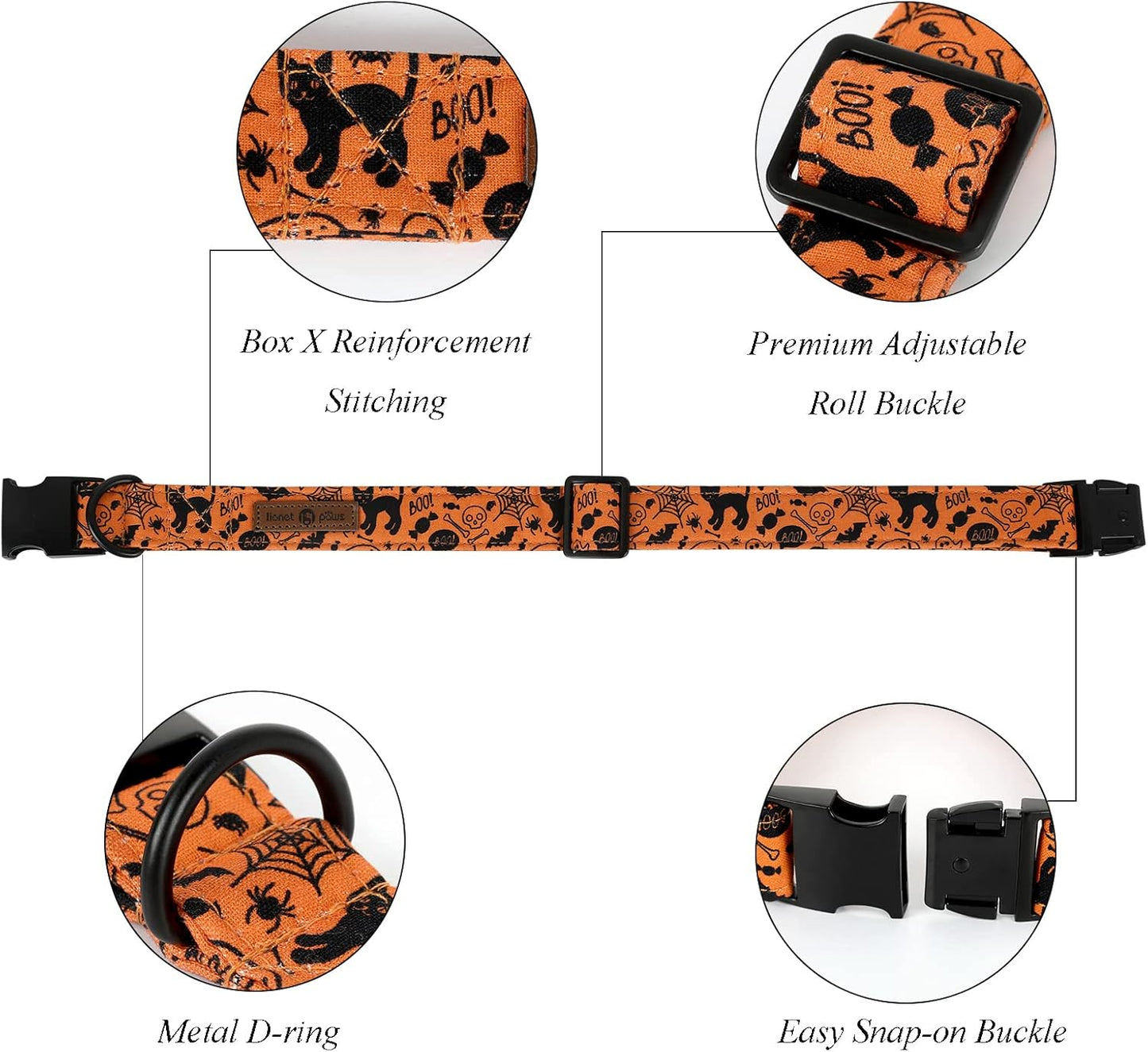 Lionet Paws Halloween Dog Collar with Bowtie - Cute Cotton Adjustable Fall Bowtie Dog Collar with Metal Buckle for Small Medium Large Dog Girl Boy Gift, S, Neck 10-16in