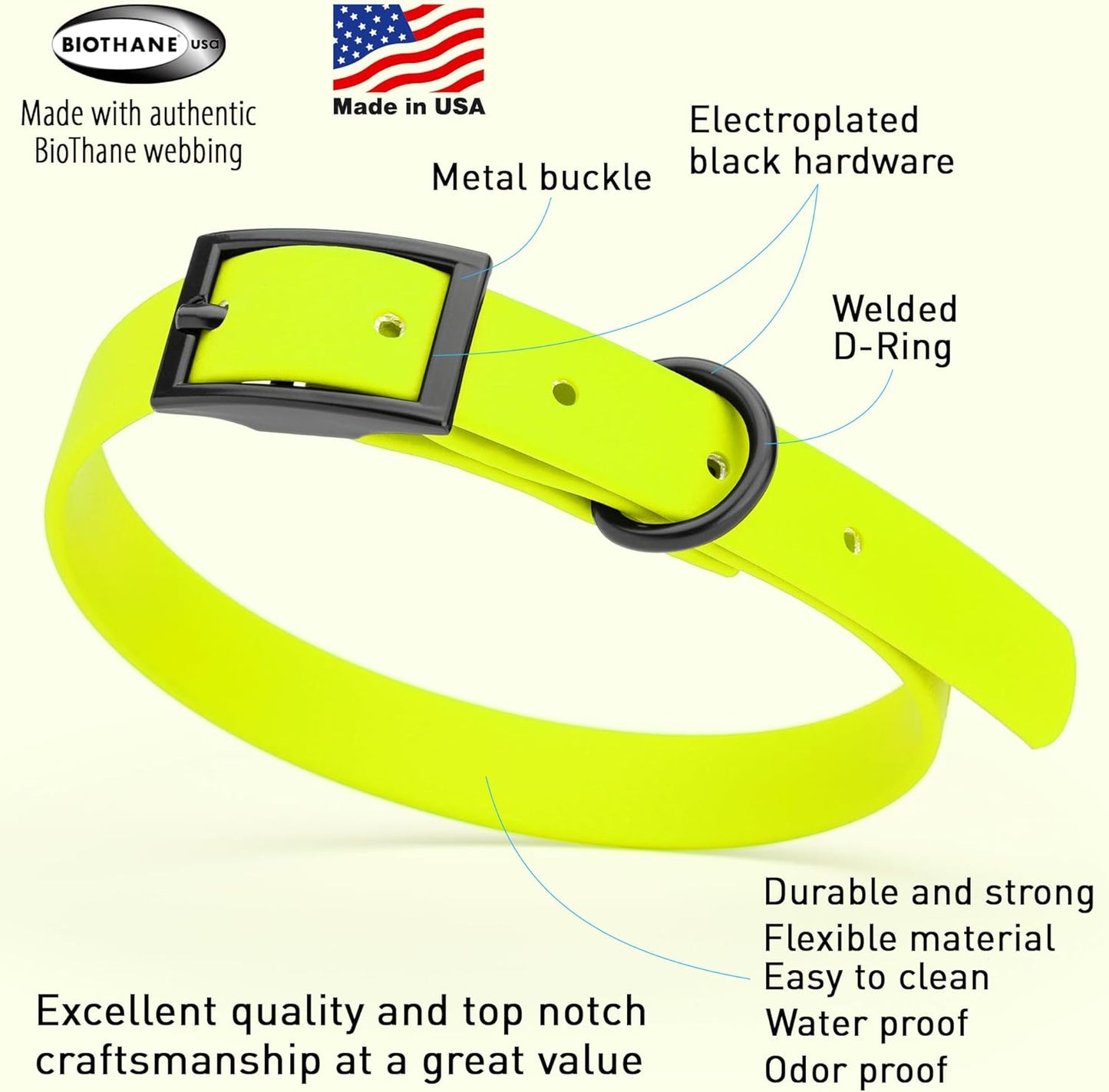 Dogline Biothane Waterproof Dog Collar Strong Coated Nylon Webbing with Black Hardware Odor- Proof for Easy Care Easy to Clean High Performance Fits Small Medium or Large Dogs, Safety Yellow