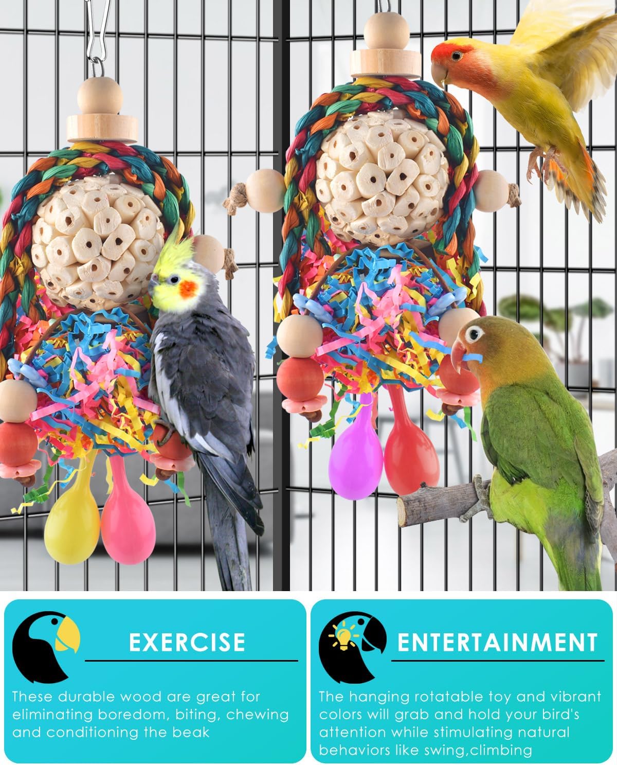 Bissap Conure Toys, 2PCS Bird Parrot Foraging Shredder Hanging Toys Sola Balls with Sand Hammer for Small Parrots Parakeets Conures Cockatiels Love Birds Cage Toy