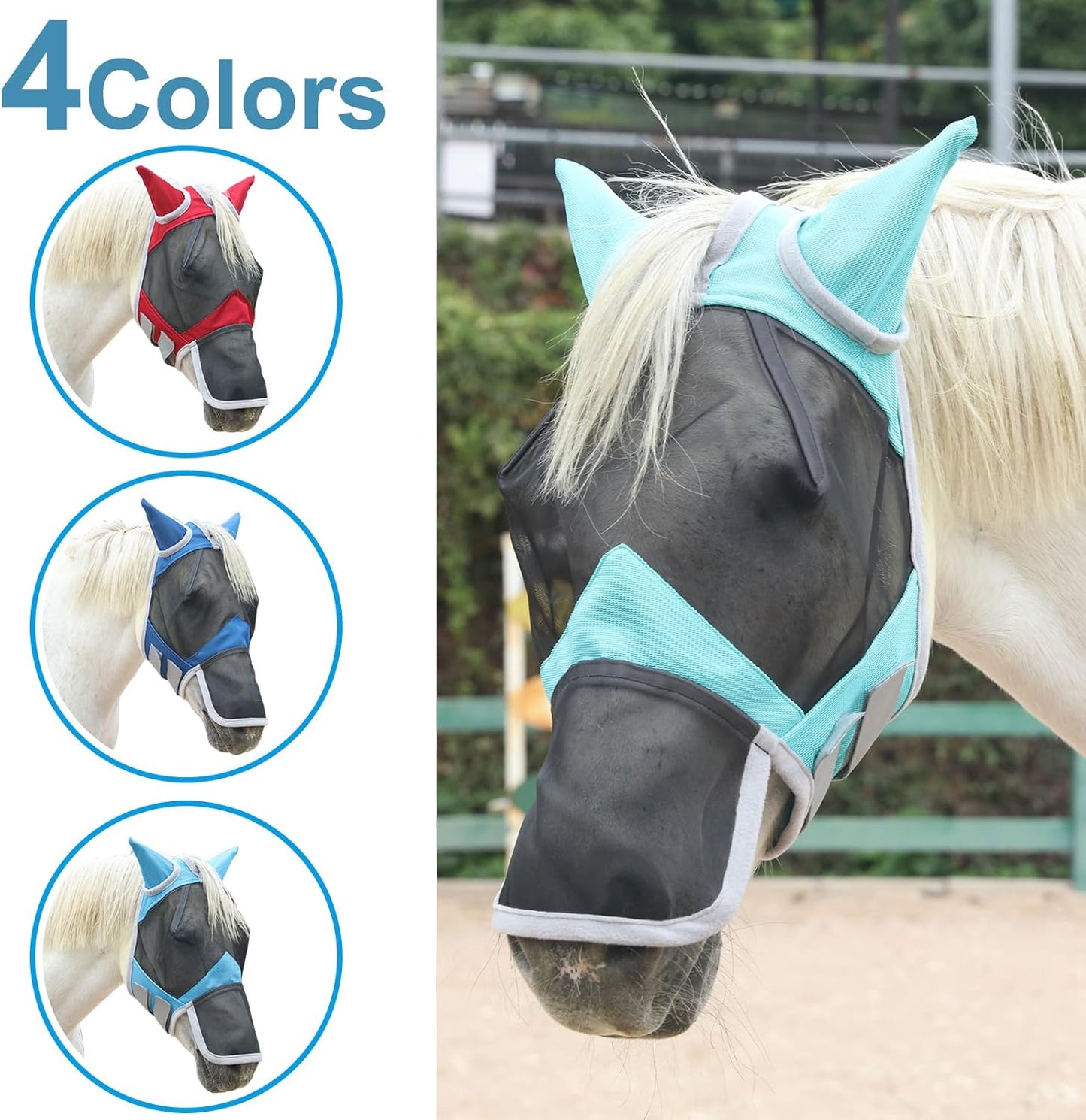 Horse Fly Mask with Ears & Long Nose Cover | Forelock Opening for Tangle-Free Mane Care | UV Protection & Breathable Mesh | No Rub Fit and Enhanced Visbility for Trail Riding Turquoise Cob