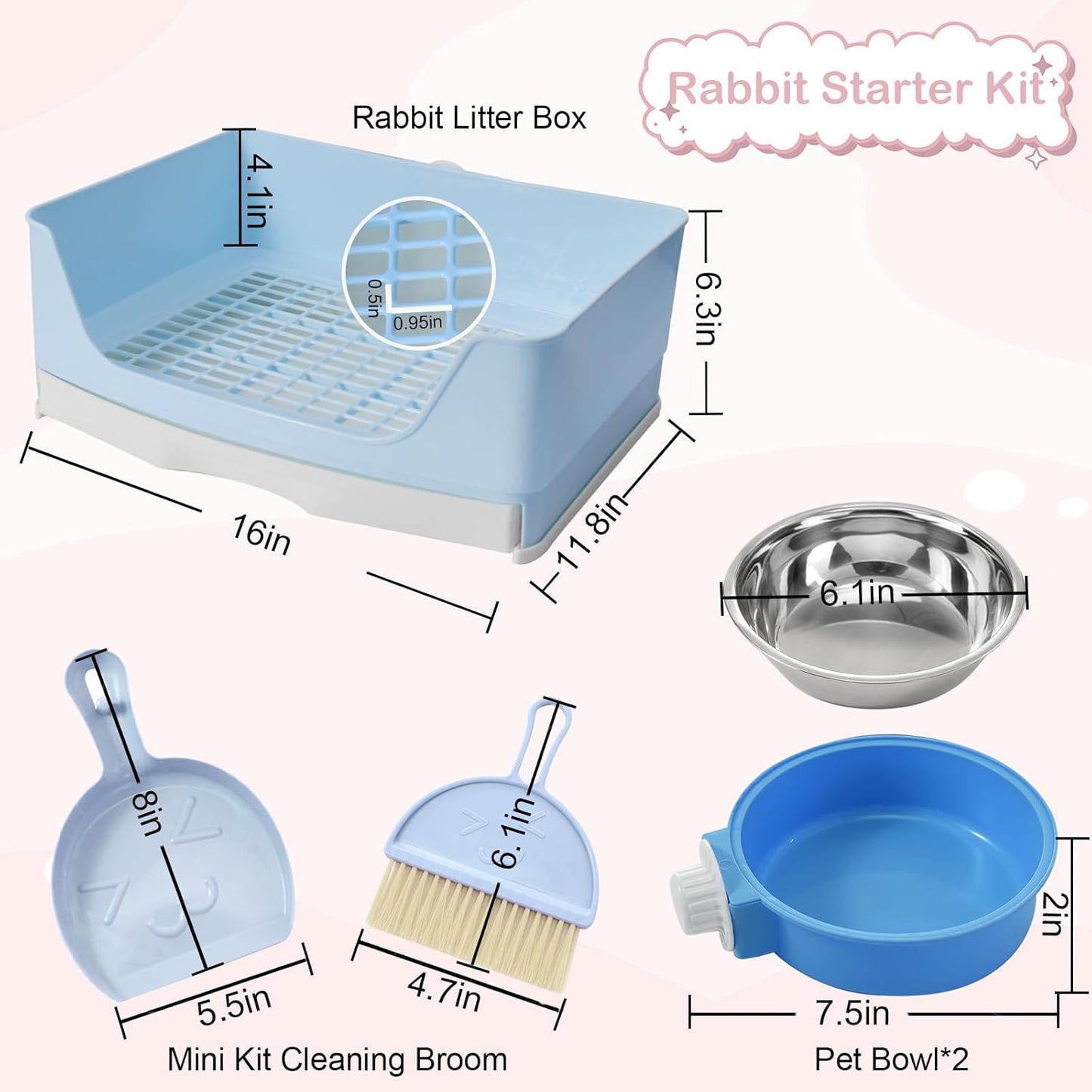 25 Pcs Large Rabbit Starter Kit, Bunny Litter Box with Drawer Animal Grooming Kit Stacking Cups Bowl Blankets Mat with Cleaning Set for Adult Guinea Pig, Ferret, Hamster, Bunnies Accessories (Blue)