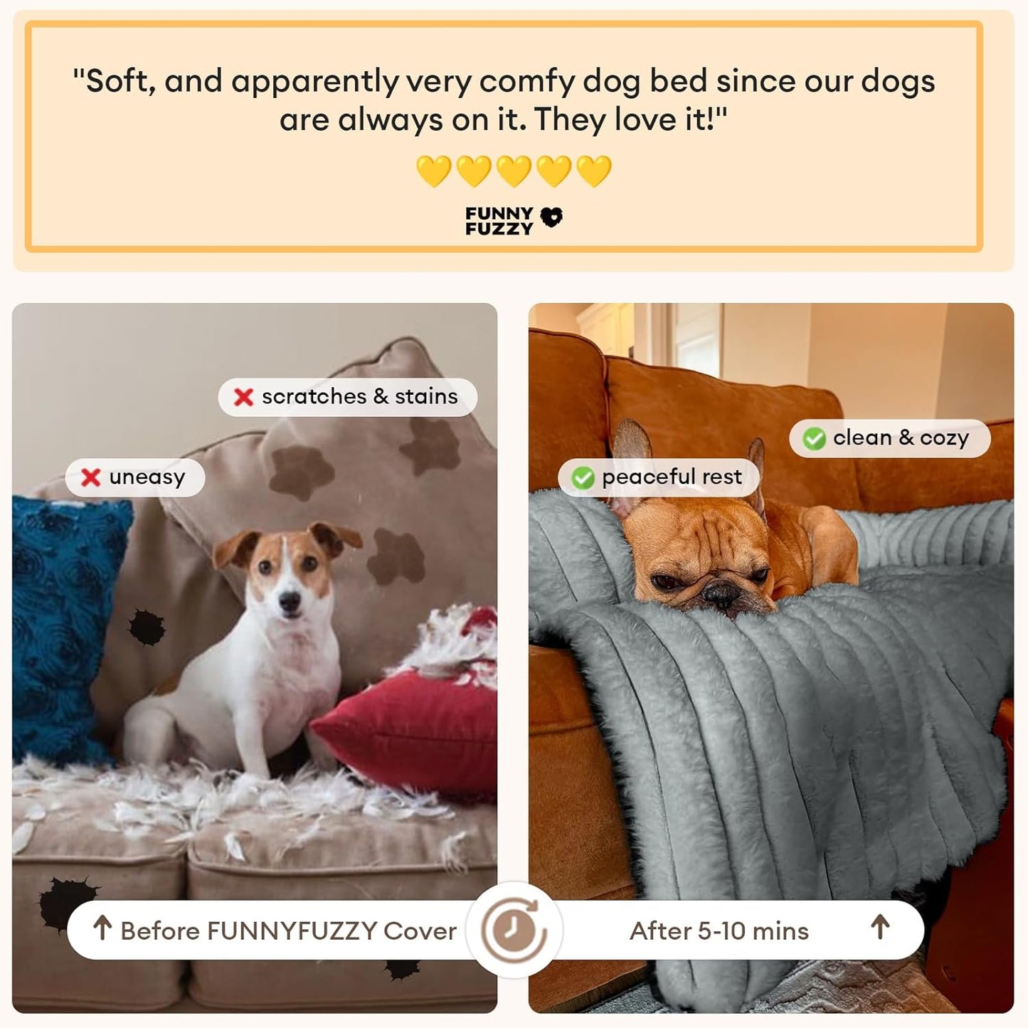 FUNNY FUZZY Pet Couch Cover for Sofa, Calming Dog Bed for Couch, Fluffy Plush Dog Couch Mat for Furniture Protector for Large Medium Small Dogs and Cats, Mist Grey