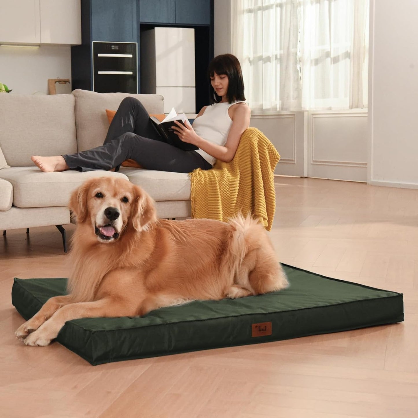 Outdoor All Weather Dog Bed, Waterproof Dog Bed for Medium Dogs, Orthopedic Egg Foam Pet Bed with Removable Cooling Cover, Dark Green