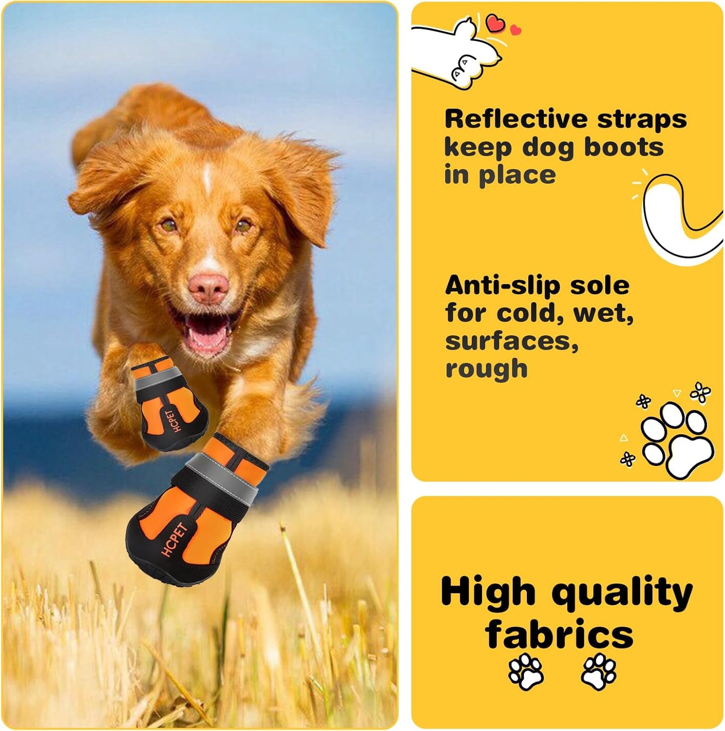 Hcpet Dog Shoes, Dog Boots for Large Dogs, Waterproof Dog Booties Paw Protector for Summer Hot Pavement, Winter Snowy Day, Outdoor Walking, Indoor Hardfloors Anti Slip Sole Orange Size 8