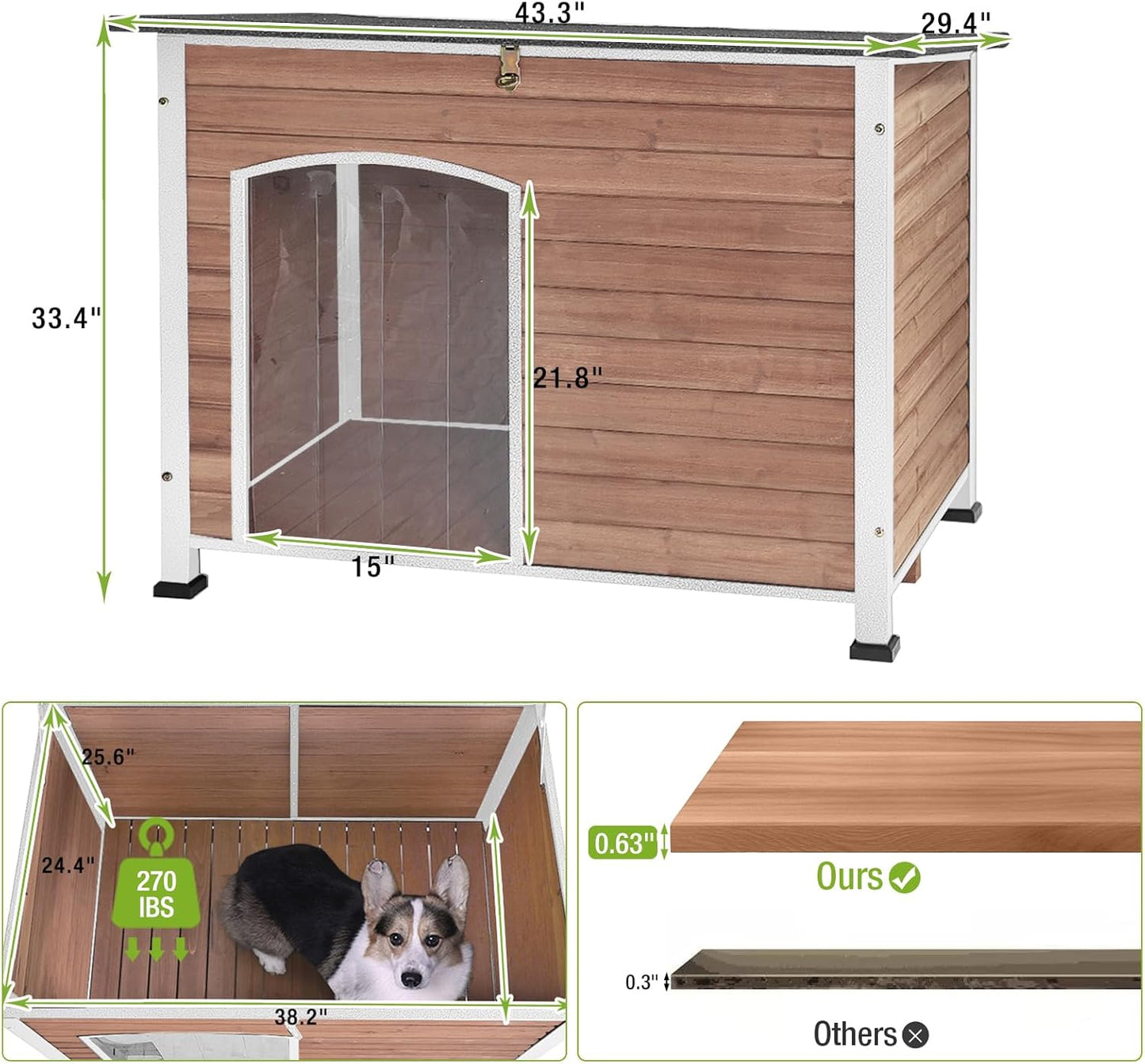GUTINNEEN Dog House Outdoor Weatherproof with Anti-bite Metal Frame Large Indoor Wooden Dog Kennel for Medium to Large Dogs, 43.3" L × 29.4" W × 33.4" H