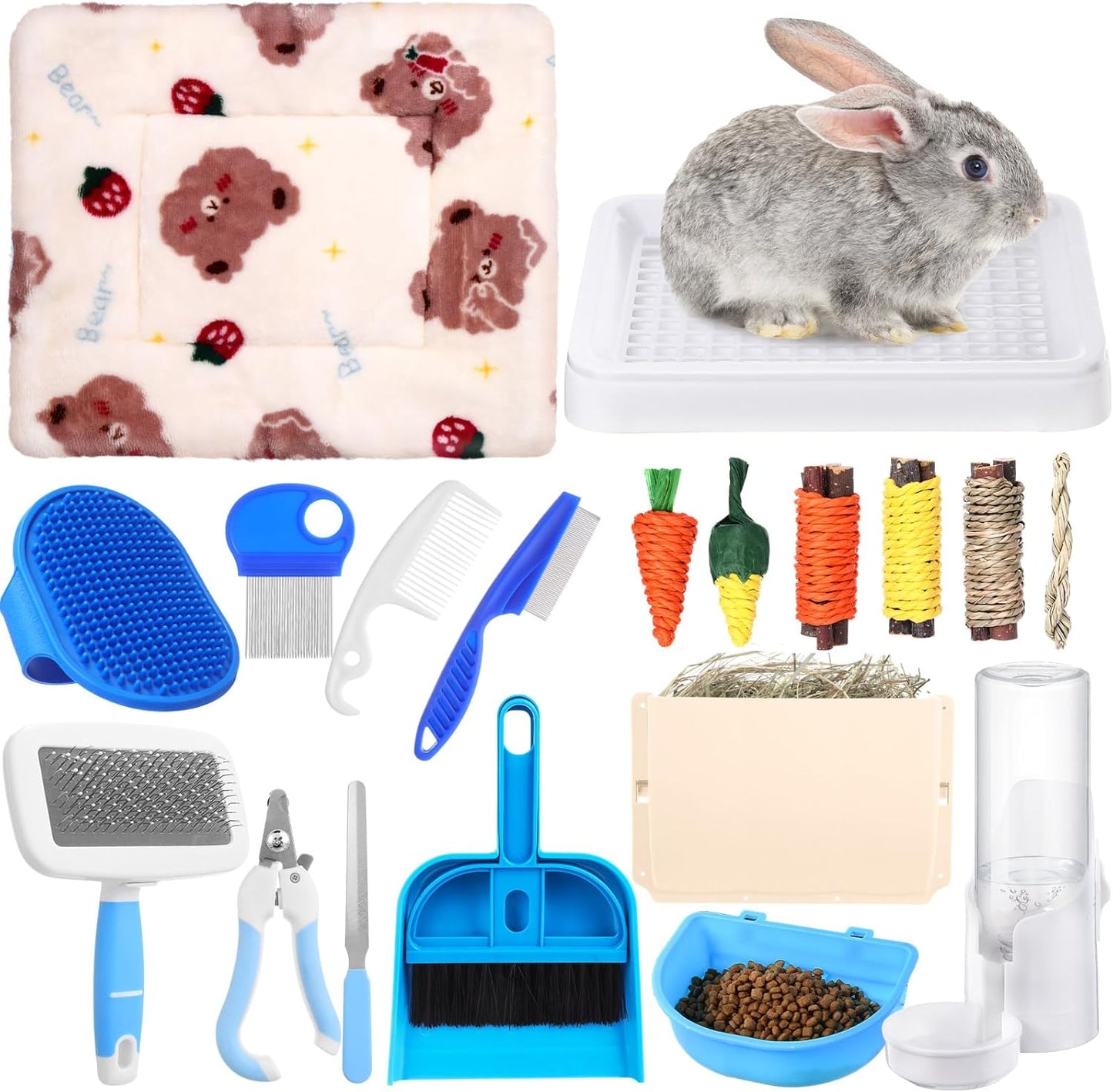 19 Pcs Rabbit Starter Kit Small Bunny Litter Box Animal Grooming Kit Water Bottle Bunny Toys Hay Feeder Bowl Blankets with Cleaning Set for Guinea Pig Rabbit Accessories (White)