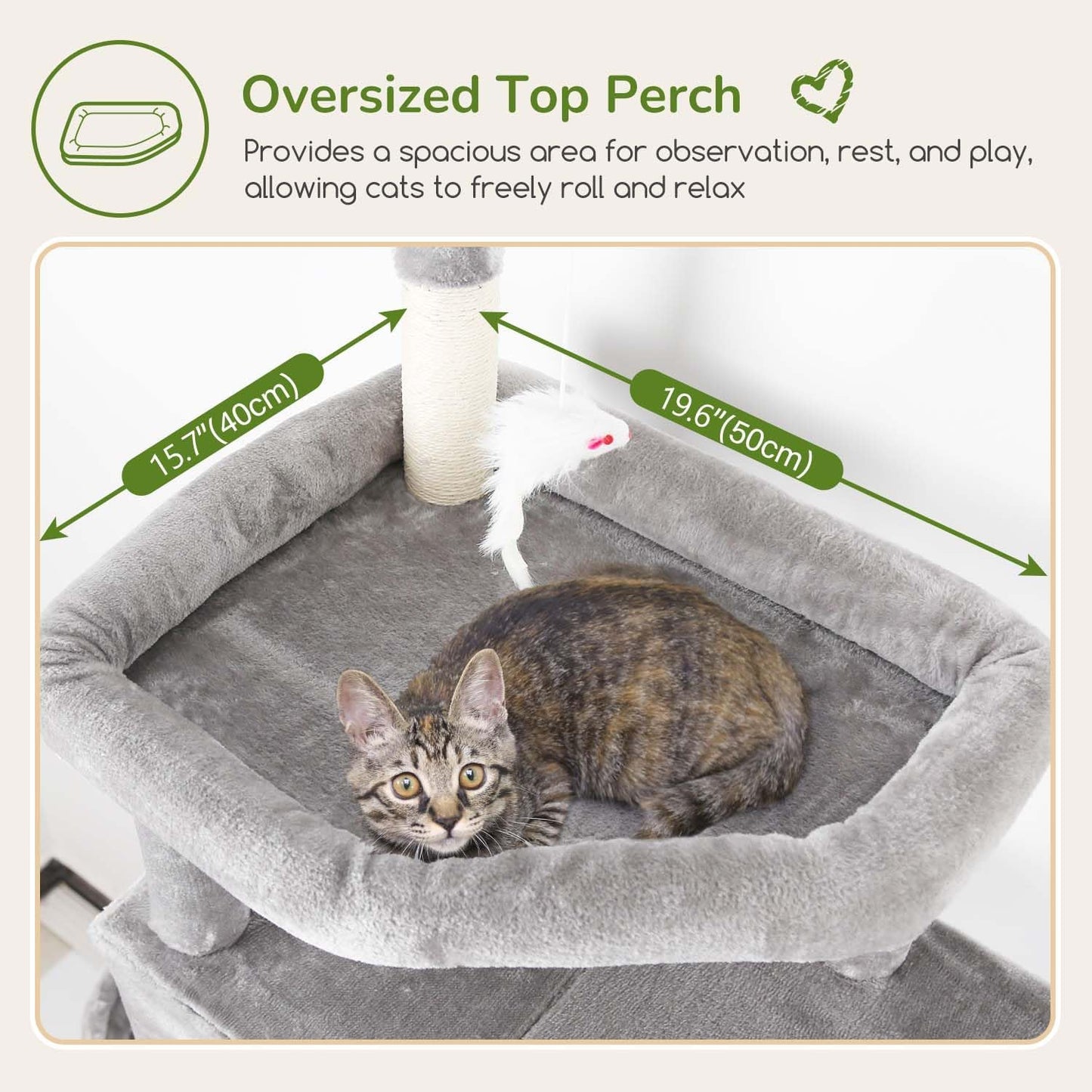 Globlazer Large Cat Tree Tower, Tall Cat Tree Condos for Indoor Cats Large Adult Cat Climbing Tower with 2 Spacious Caves, Oversized Top Perch, Big Hanging Basket, Cat Teaser Wand, F74B, Light Grey