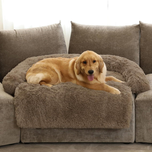 Calming Dog Bed Fluffy Plush Dog Mat for Furniture Protector with Removable Washable Cover for Large Medium Small Dogs and Cats (Extra Large (53x39.3x6), Camel)