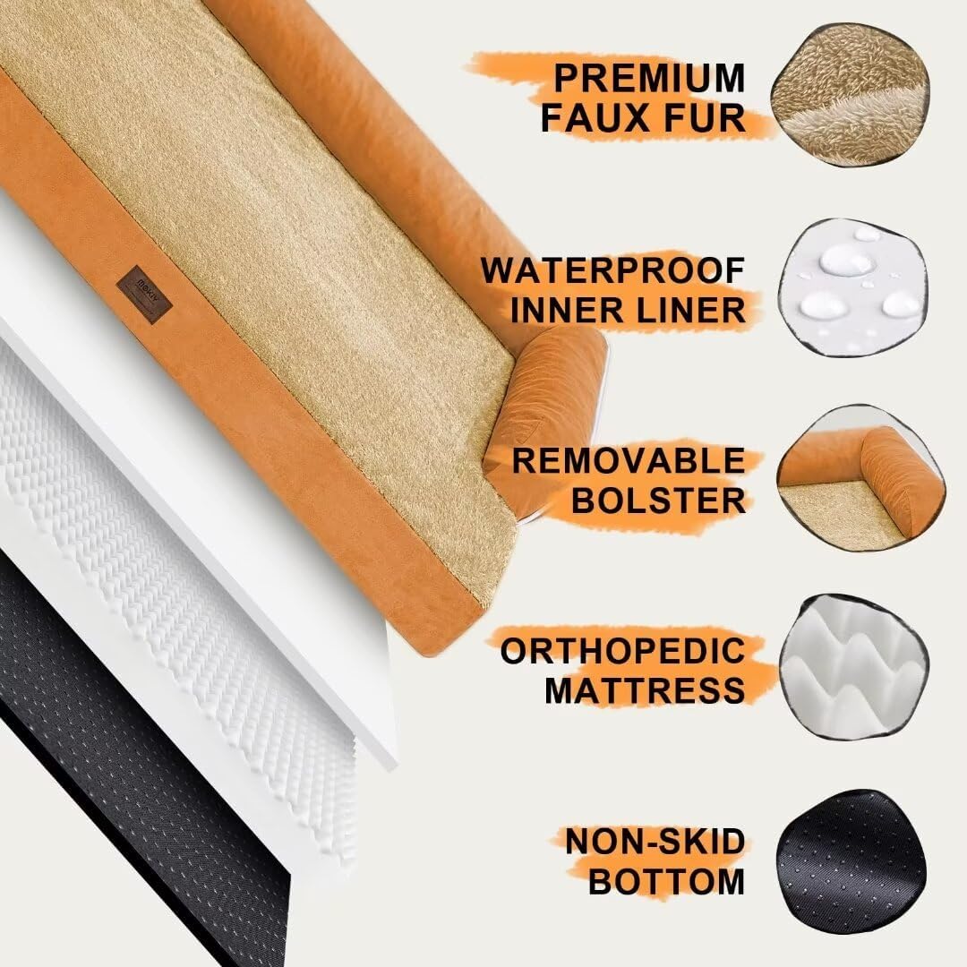 Large Dog Bed Orthopedic Washable, Dog Beds for Large Dogs, Washable Cover Removable Bolster and Non-Slip Bottom Jumbo Orthopedic Orange Dogs Beds, XXLarge Extra Large Pets