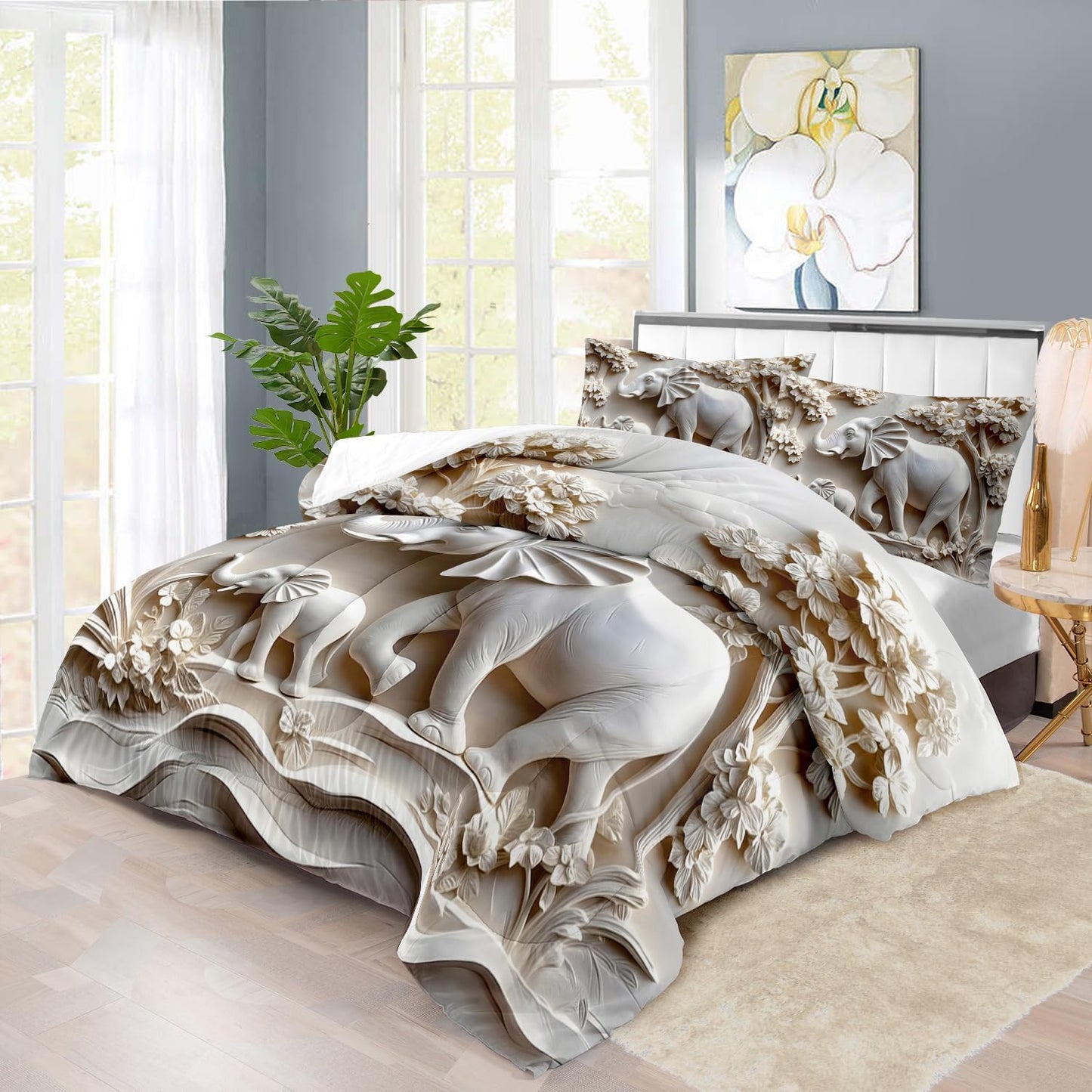 Elephant Comforter Set King Adult, White Animal Bedding Set King for Man, Cute Animal Comforter for Kids,Elephant Quilt Pattern White Bedroom Decor Womens, Relief Bedding
