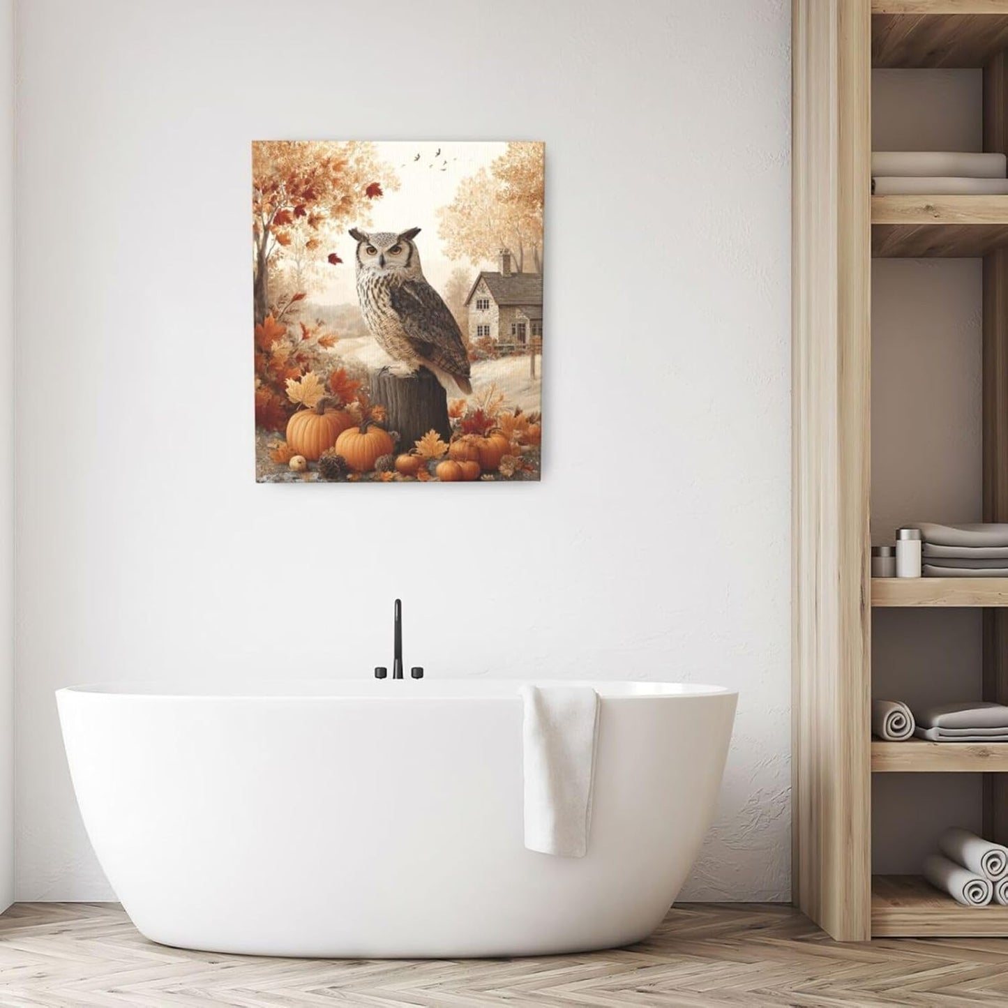 Fall Owl Wall Art Autumn Pumpkin Leaves Wall Decor Rustic Canvas Print Farmhouse Pictures Painting Print Framed Artwork Decorations Gifts for Living Room Bathroom Bedroom Office 20"x24"