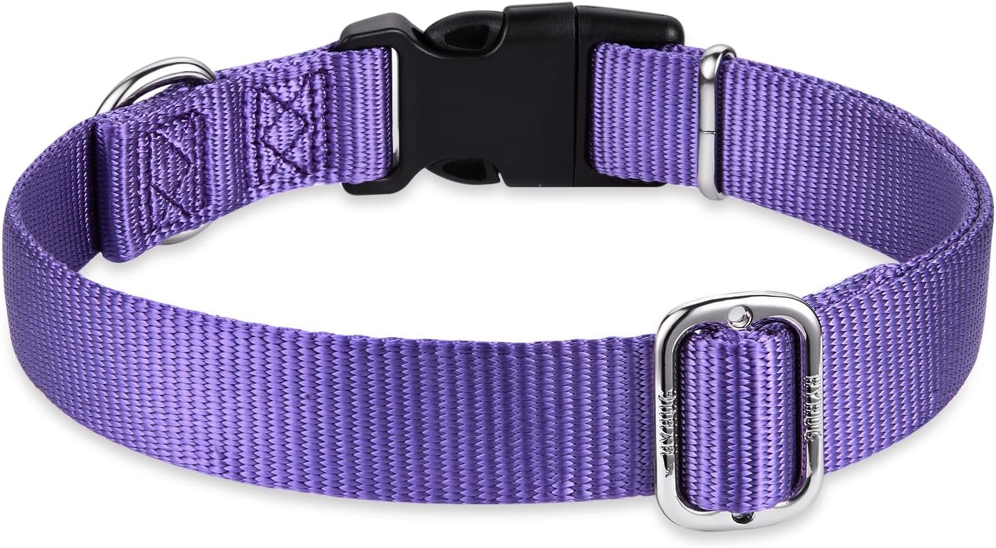 Hyhug Pets Solid Color Classic Regular Soft Nylon Basic Collar for Medium Breeds Dogs, Unique Design Adjustment Triglide Slide (Buckle) Can Attached Name Tag Accessories. (Medium, Ultra Violet)