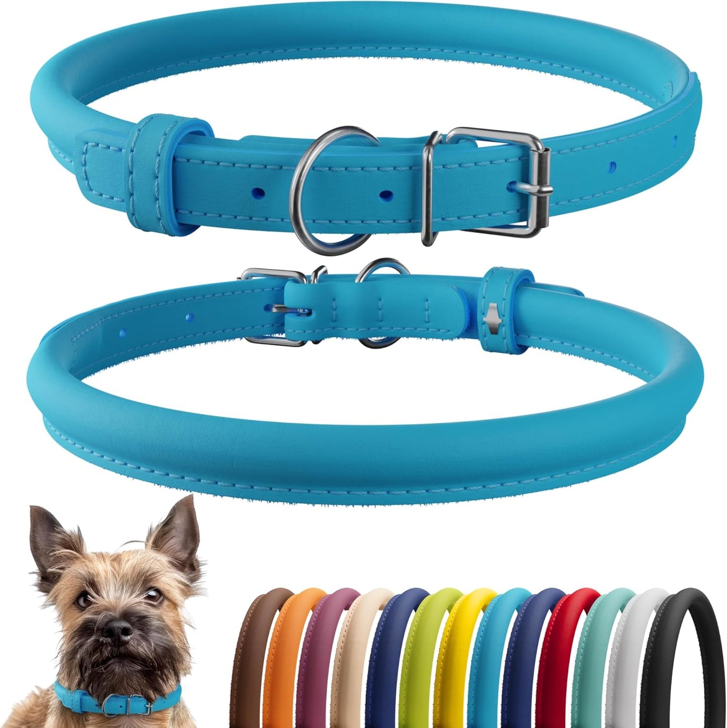 CollarDirect Rolled Leather Dog Collar, Soft Padded Round Puppy Collar, Handmade Genuine Leather Collar Dog Small Large Cat Collars 13 Colors (8-11 Inch, Light Blue Smooth)