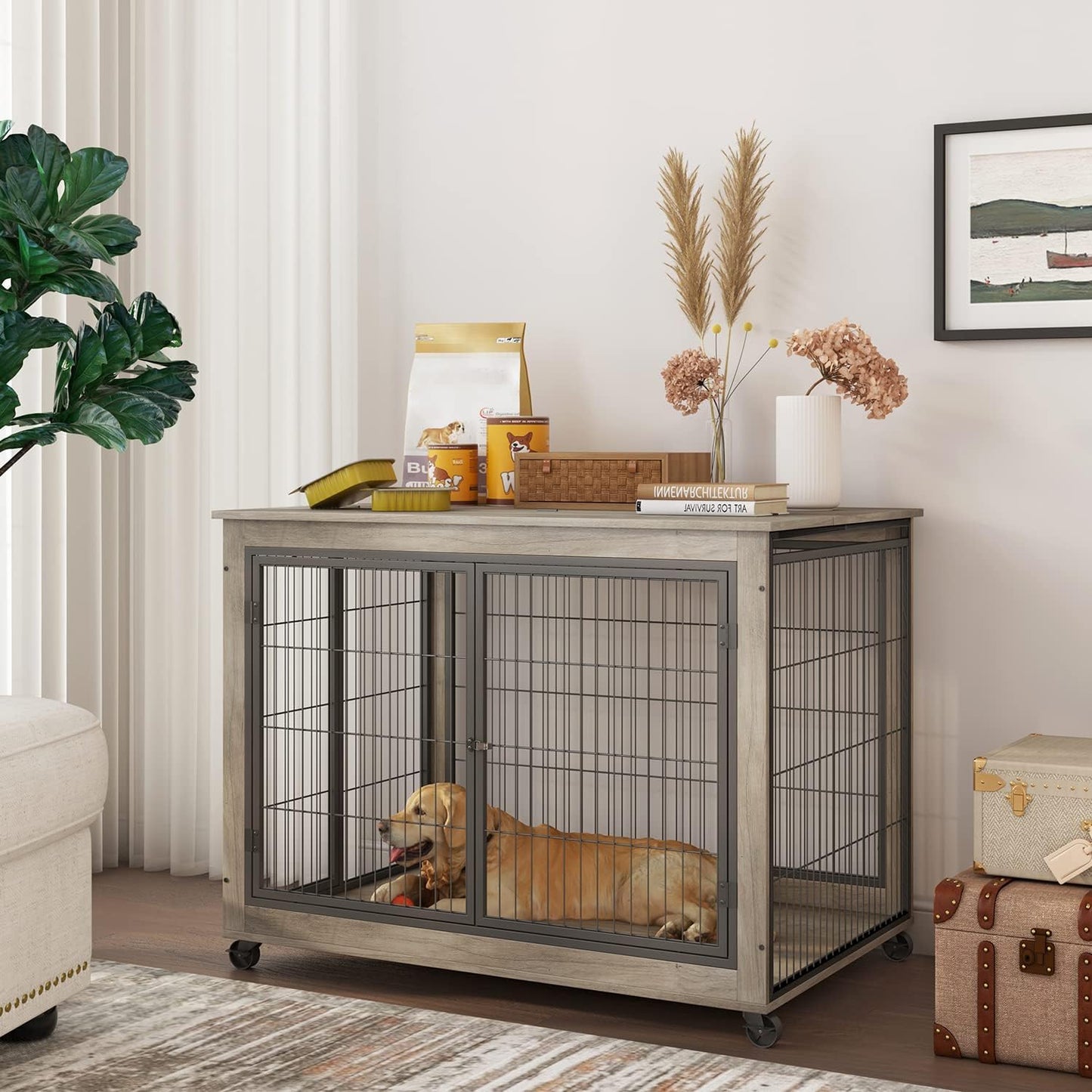IchbinGo Dog Crate Furniture, Wooden Dog Crate Table, 43.7" Dog Kennel with 3 Doors, Flip-up Top Opening and Wheels, Decorative Pet Crate House for Large/Medium/Small Dog Indoor Use(Rustic Grey)
