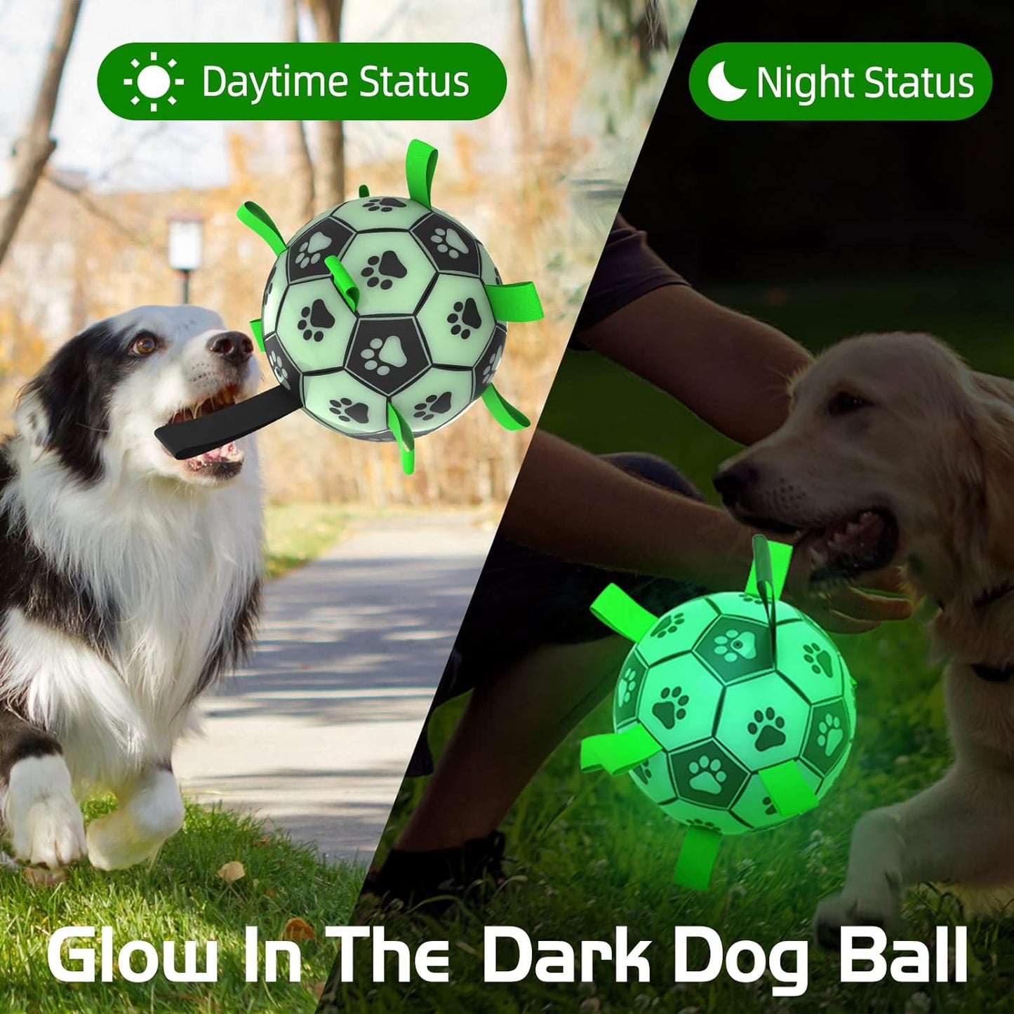 QDAN Glow in The Dark Dog Toys Soccer Ball with Straps, Outdoor Interactive Dog Toys Puppy Birthday Gifts, Dog Tug Water Toy, Light Up Dog Balls for Small & Medium Dogs（6 Inch Size 2）