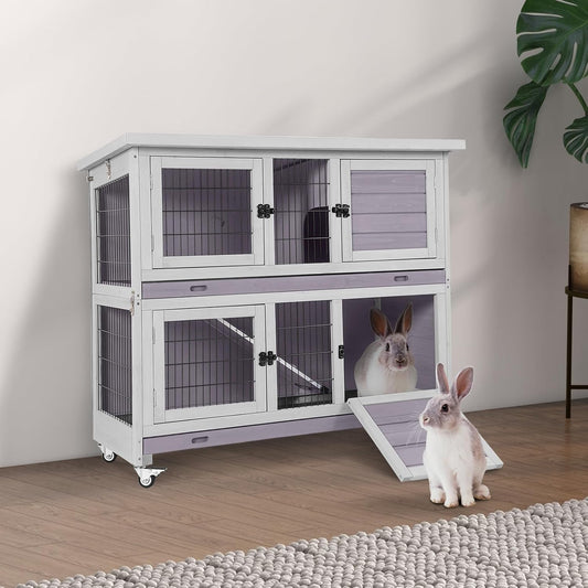 Aivituvin Rabbit Hutch Indoor, Folding Bunny Cage with Two Story, Rabbit Cage with Wheels, Anti Slip Ramp