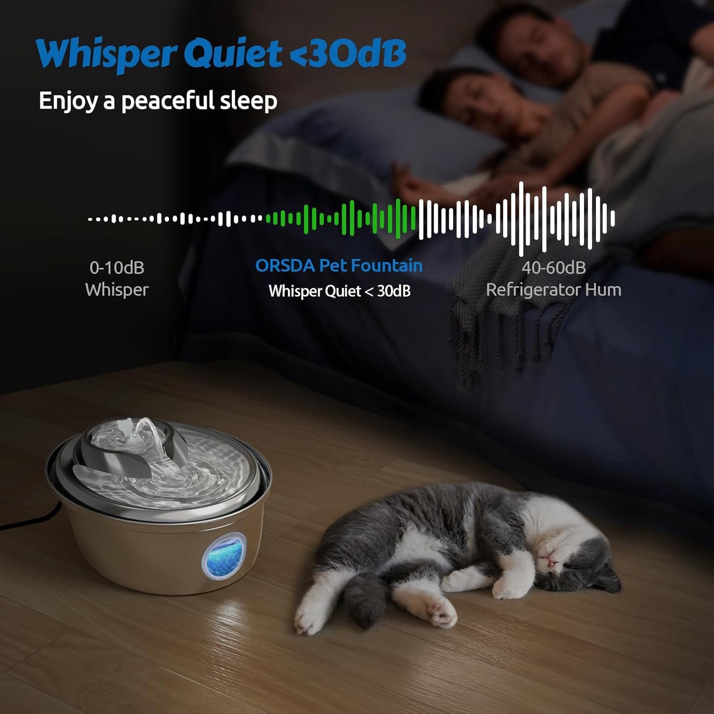 ORSDA Stainless Steel Cat Water Fountain, Automatic Pet Drinking Fountain, 100oz/3L Dog Water Dispenser with LED Water Level Window- 9Pcs Filters（ D66