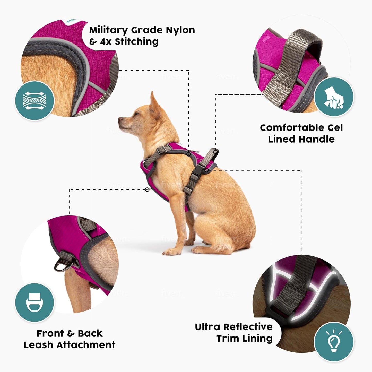Embark Adventure Dog Harness, Reflective Trim No Pull Dog Harnesses for Small Sized Dogs - Military Grade Nylon, Front Clip with Gel Lined Handle.