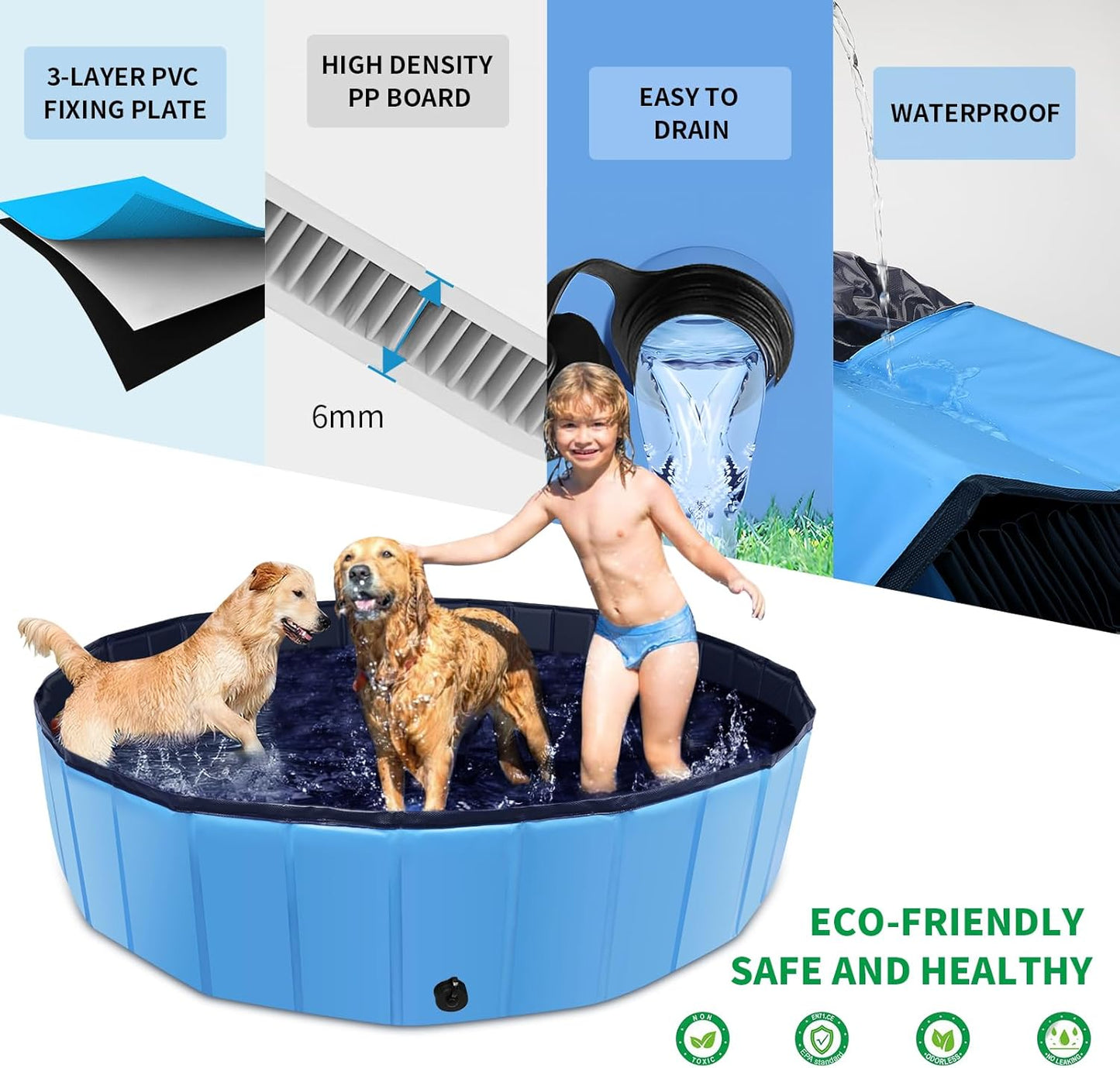 Foldable Dog Pool, 39" x 12" Kiddie Pool with Hard Plastic, Non-Slip Dog Bath Tub for Outdoor Backyard, Collapsible Dog Swimming Pool for Kids Dogs Pets (Blue)