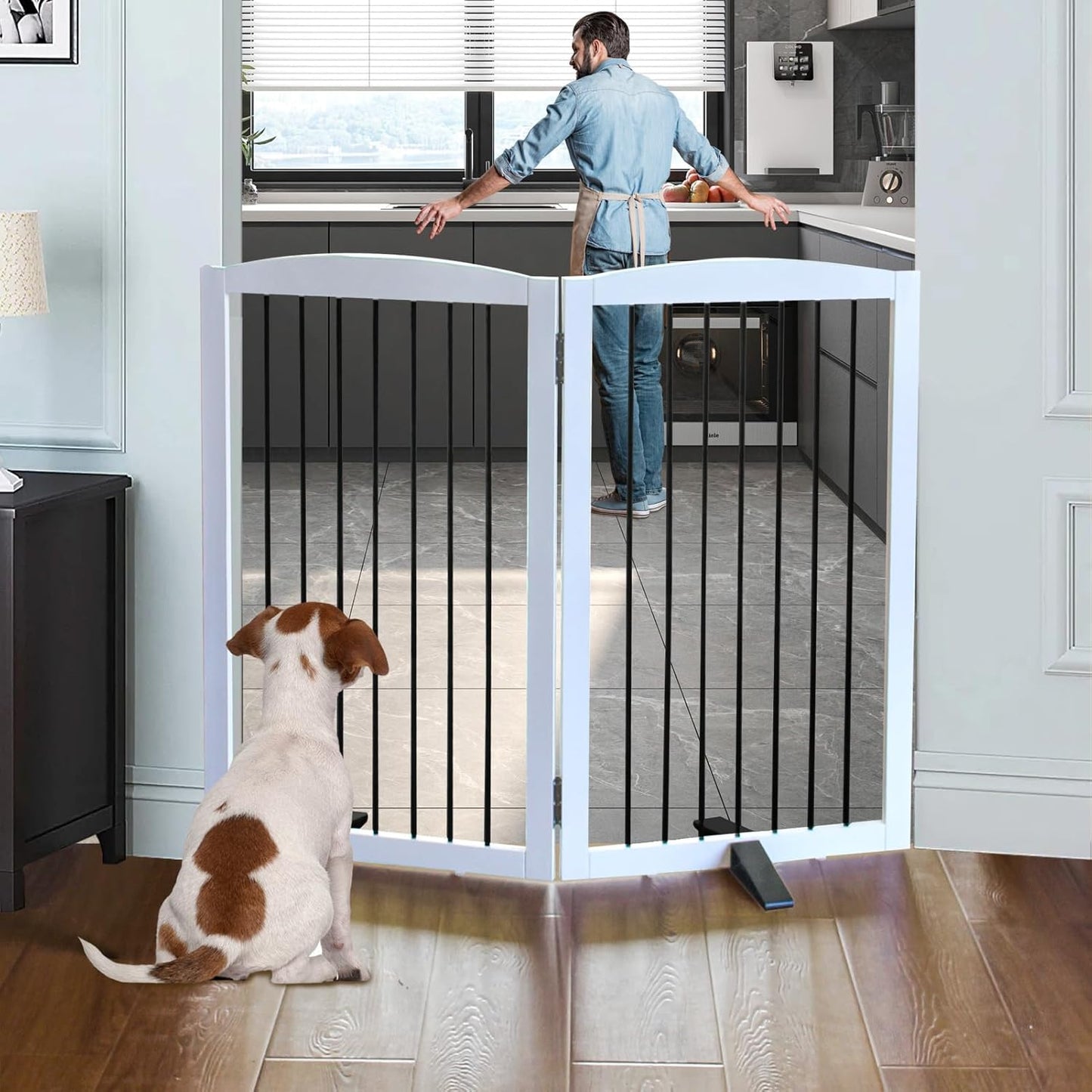 Freestanding Panel Dog Gate for Indoor, Doorways,Stairs, or Hallways,Foldable Wooden Dog Gates for House,Pet Gate for Dogs,Dog Fence, Puppy Gate,Support Feet Included,32 "Height-2 Panels,White