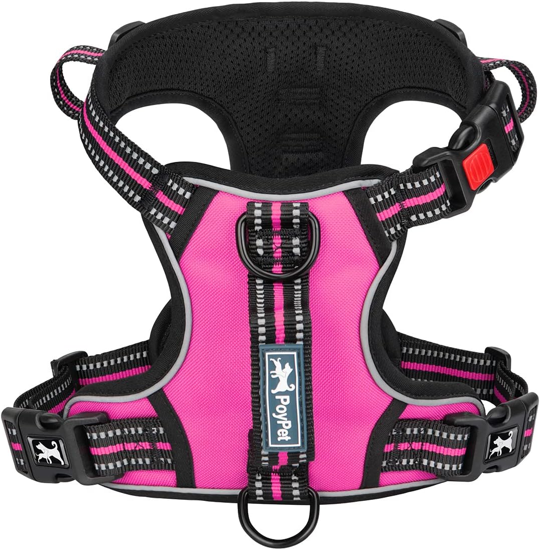 PoyPet No Pull Dog Harness, No Choke Front Clip Reflective Dog Vest with Soft Padded Vertical Handle, 3 Leash Attachments for Small Medium Large Dogs (Pink,XL)