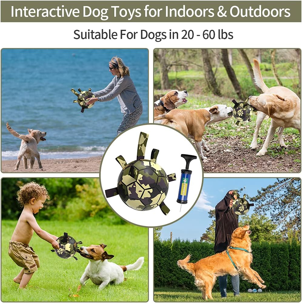 QDAN Dog Toys Soccer Ball, Interactive Toys for Tug of War, Dog Water Toy, Durable Dog Balls for Medium Large Dogs, Camouflage(8 inch)