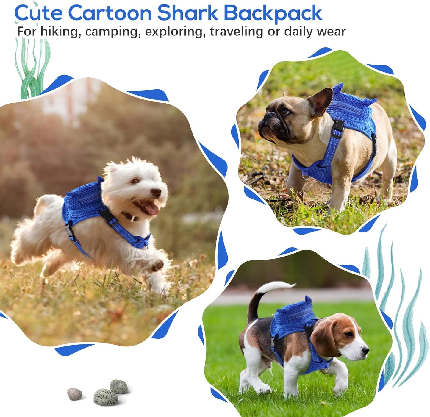 IDOMIK Dog Backpack Harness, No-Pull Dog Backpack with D-Ring for Small Medium Dogs, Cute Self Carrier Backpack for Dogs to Wear, Adjustable Dog Harness Backpack for Traveling Camping Hiking,Shark,M