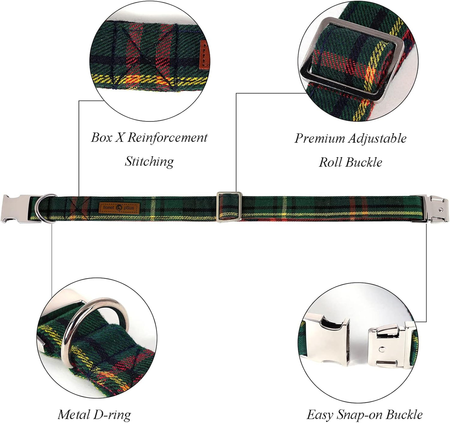 Lionet Paws Christmas Dog Collar with Bowtie Durable Adjustable Handmade Comfortable Bowtie Dog Collar Green with Metal Buckle for Small Dogs,Girl Boy,Party,Festival,Holiday Style,Neck 10-16in