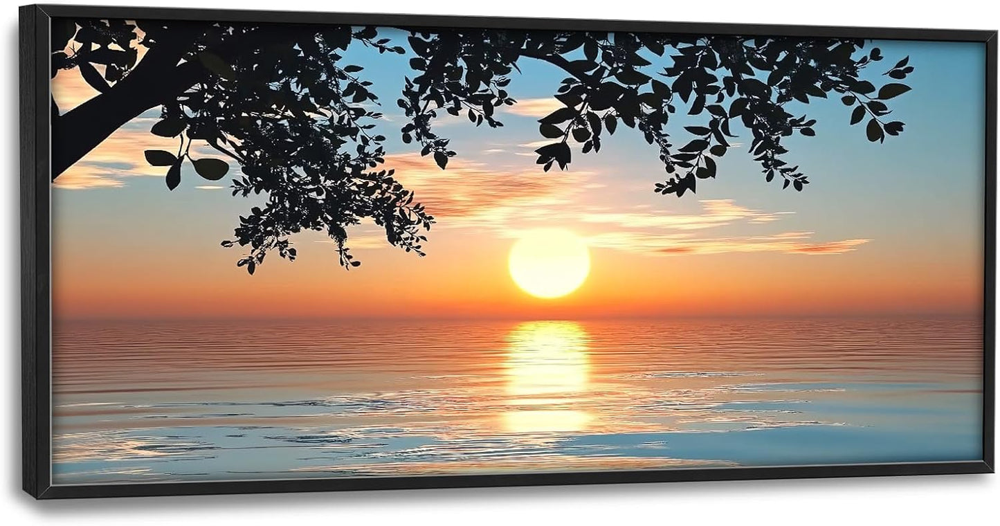 Framed Large Lake Sunset Wall Art, Oversized Natural Landscape Wall Decor for Living Room, Tree Leaves Canvas Painting Pictures Home Decoration for Living Room Bedroom Office 60"x30"