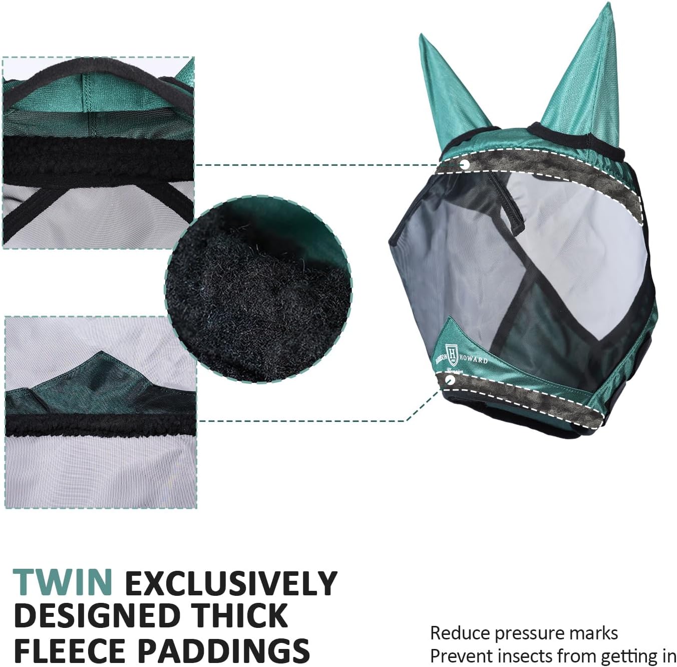 Harrison Howard Pro Luminous Horse Half Face Fly Mask Large Eye Space with Ears UV Protection for Horse Hunter Green S