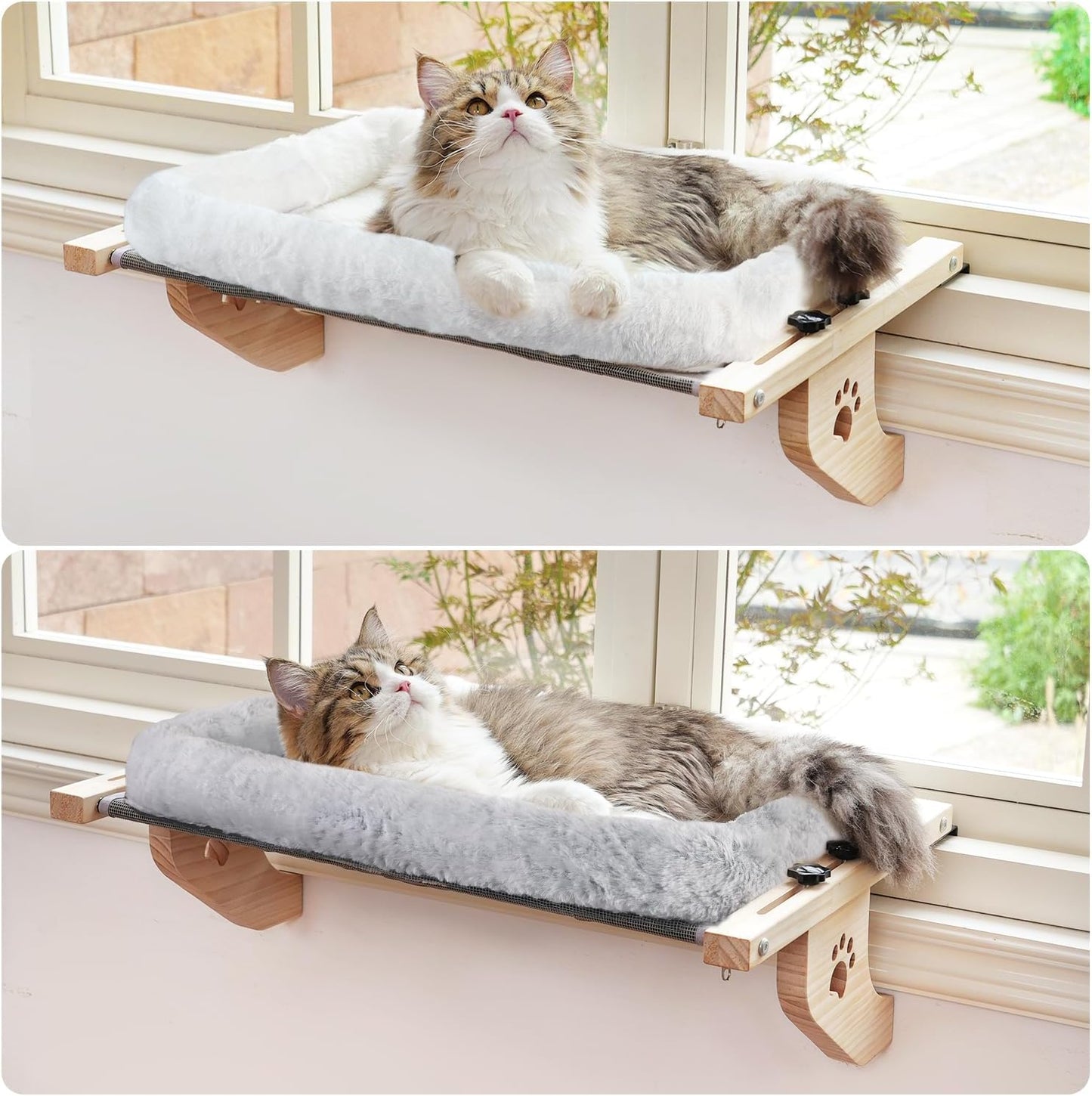 AMOSIJOY Cat Sill Window Perch Sturdy Hammock Window Seat with Cushion Cover, Wood & Metal Frame for Large Cats, Easy to Adjust Cat Bed for Windowsill, Bedside, Drawer and Cabinet (L)