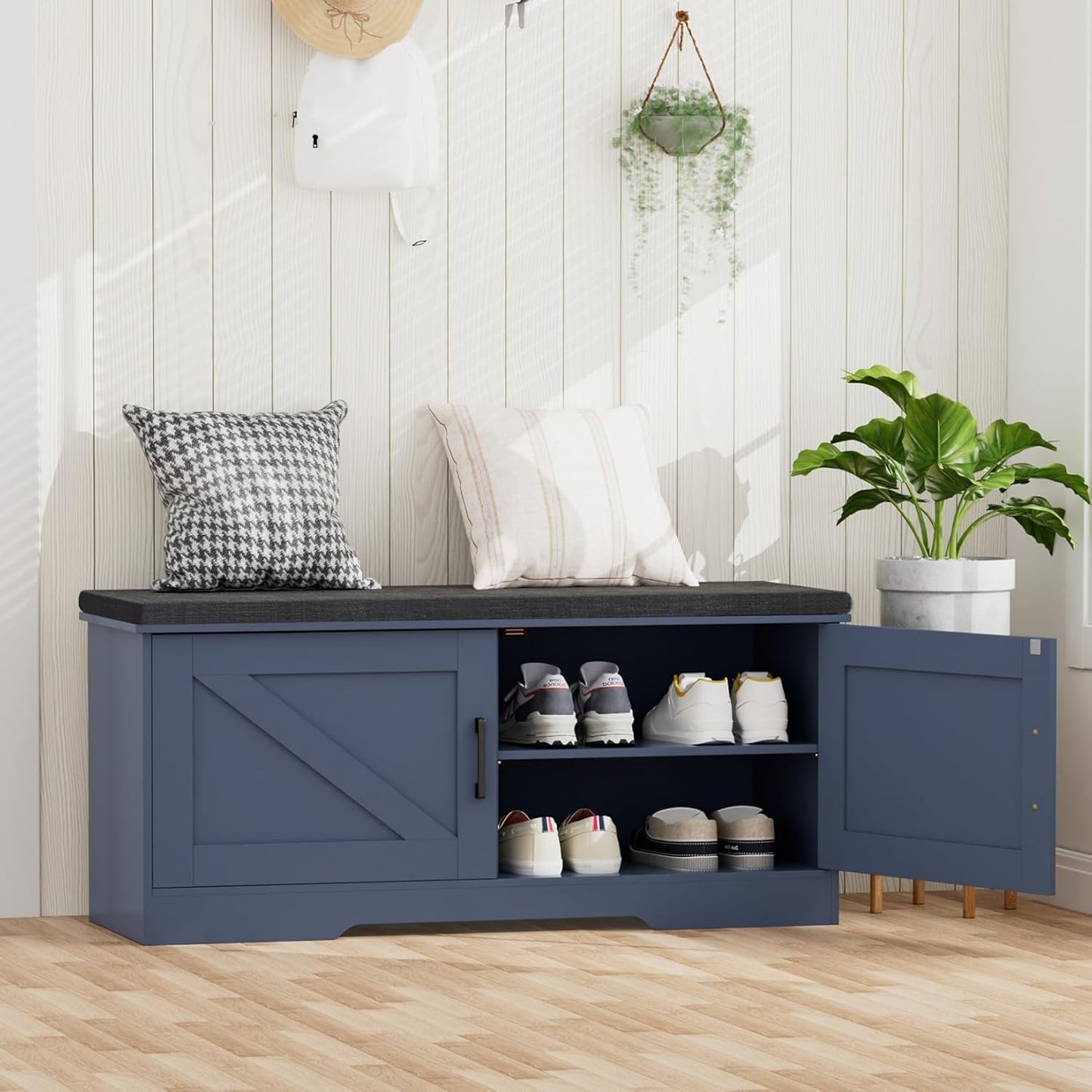 2-Tier Storage Bench, Shoe Bench with Padded Seat Cushion, Entryway Bench with 2 Barn Doors, Adjustable Shelf, 13.8" D x 39.4" W x 17.7" H, for Entryway, Living Room, Bedroom, Blue