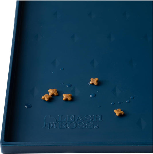 Leash Boss Dog Food Mat for Food and Water Bowls, Waterproof Silicone Pet Feeding Mat for Floors, Extra Tall Raised Edges, Cat and Dog Placemat for Floors, Dishwasher Safe (XXL: 30" x 22" - Navy)