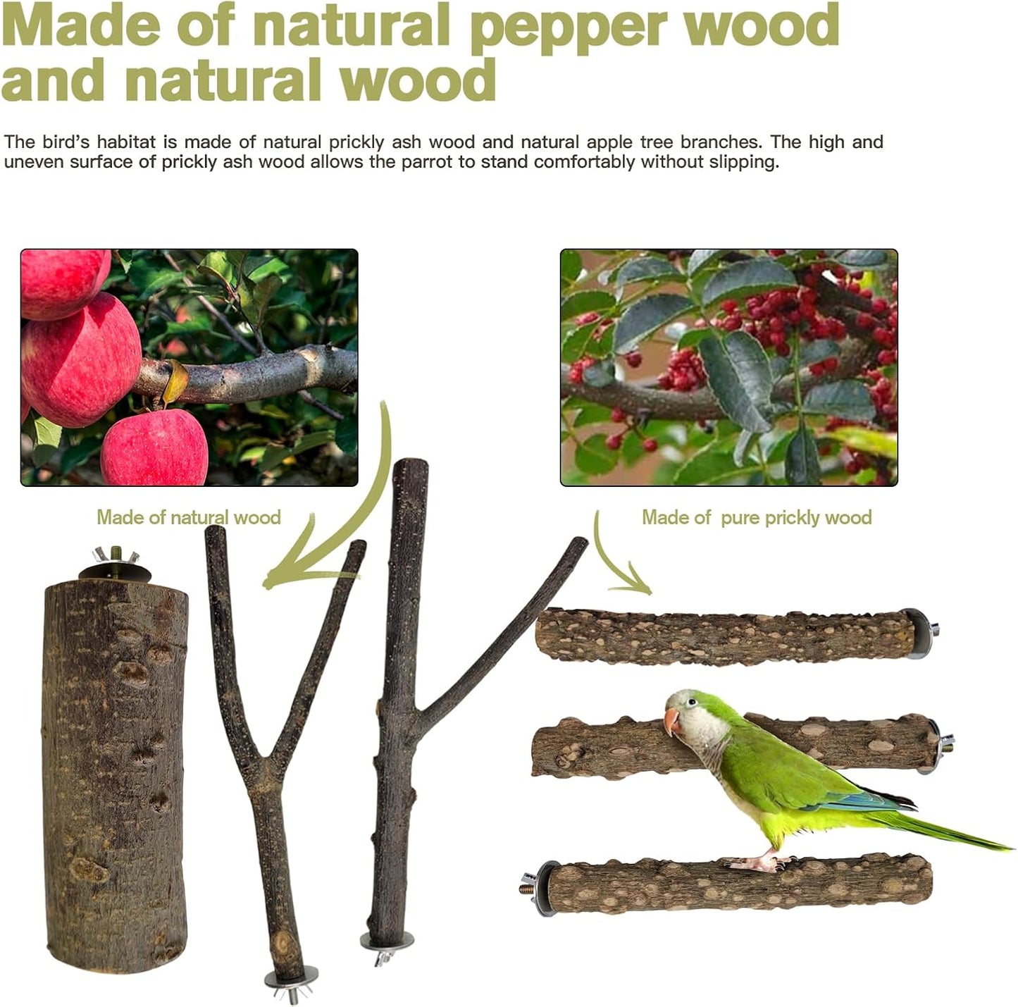 Bird Toys, Natural Parrot Toys for Small Macaws, Budgies, Lovebirds, Finches, Small and Medium Sized Birds Peppercorn Wood Apple Tree Perch Wood Set